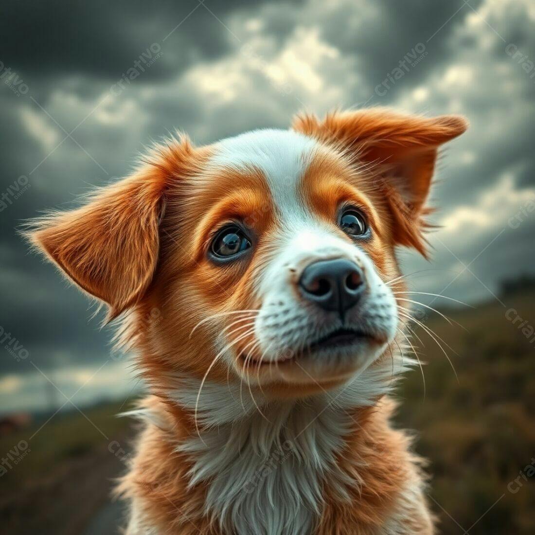 Cachorro filhote olhar expressivo céu nublado