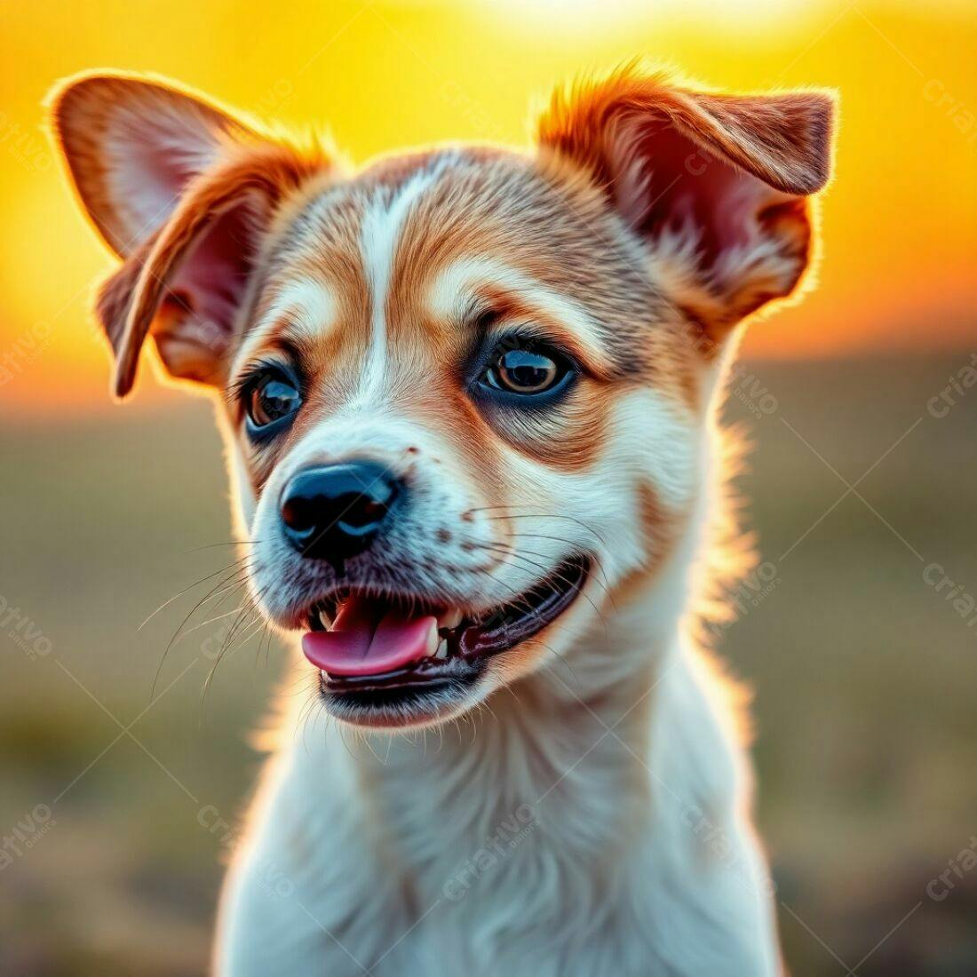 Cachorro filhote sorrindo ao pôr do sol