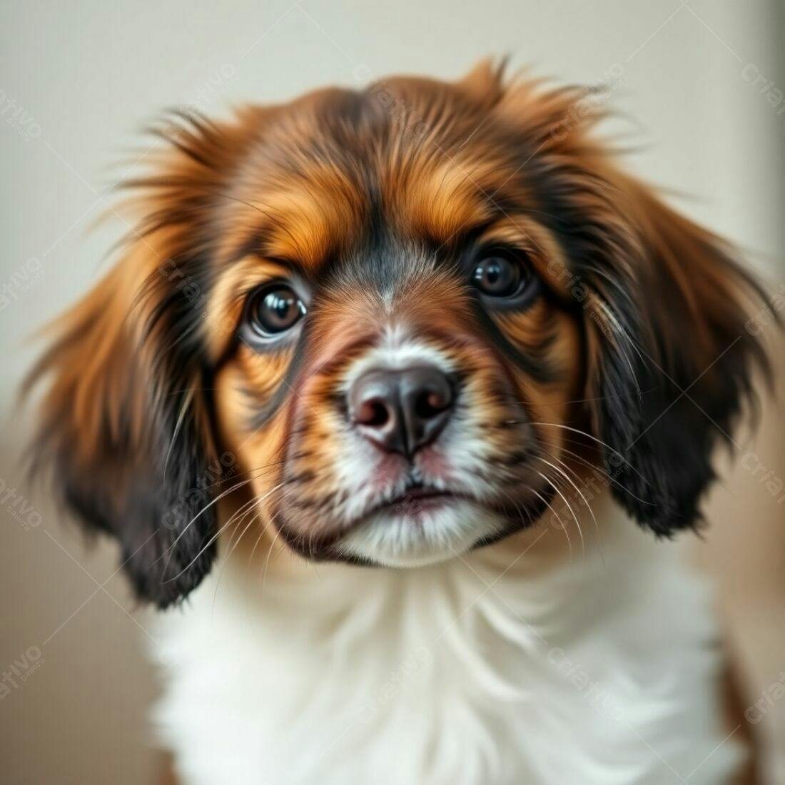 Cachorro filhote marrom e branco olhar curioso