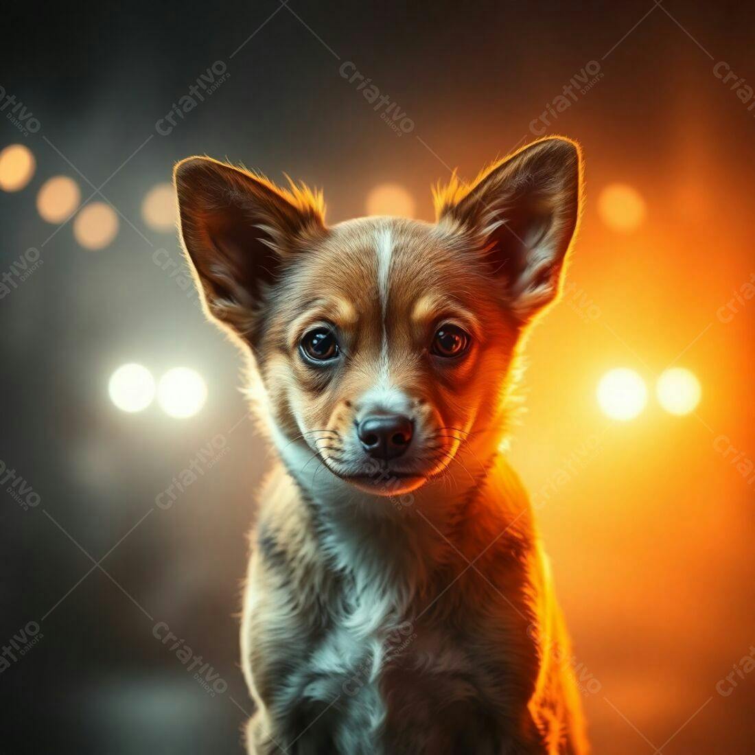 Cachorro filhote olhar expressivo fundo laranja