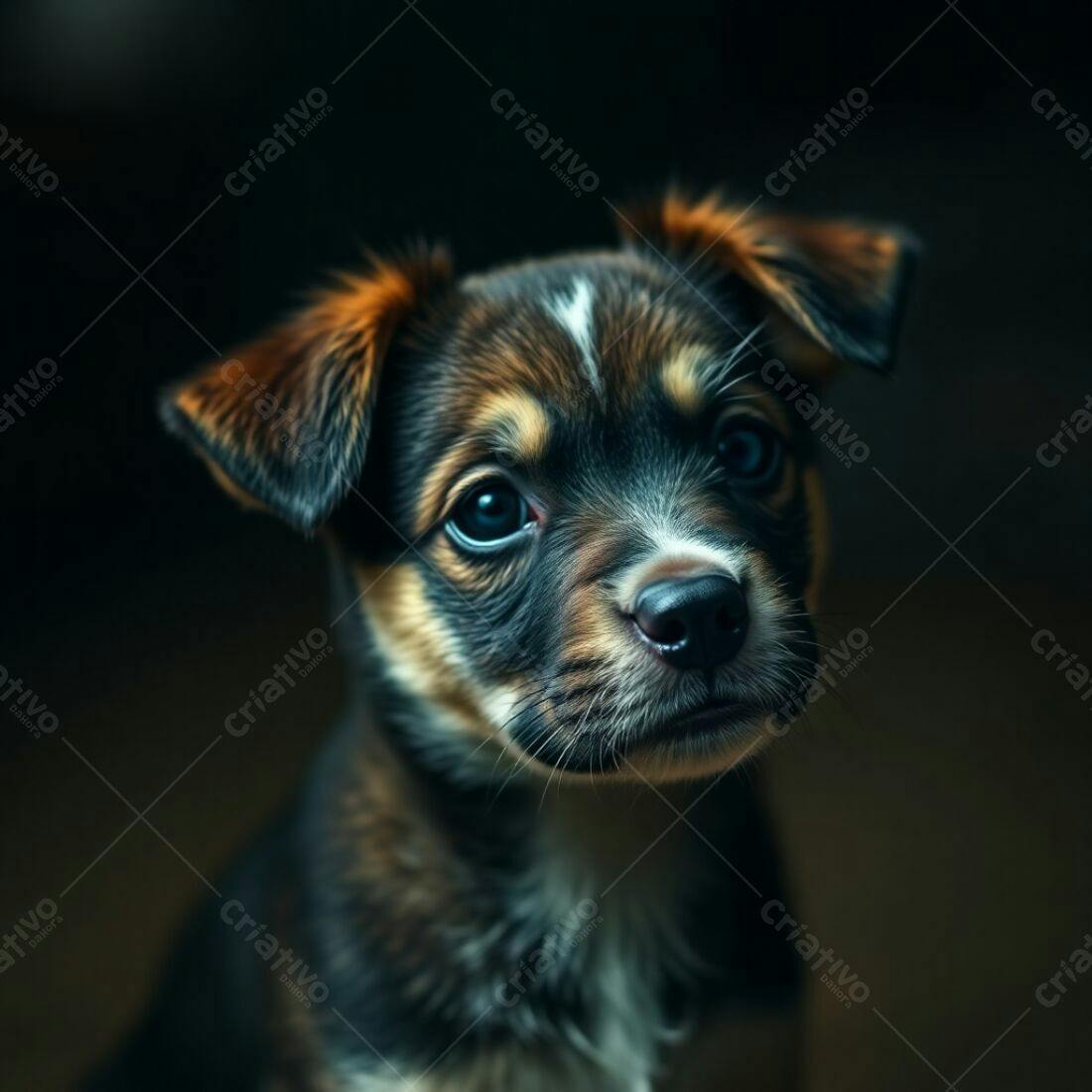 Filhote de cachorro olhar expressivo fundo escuro
