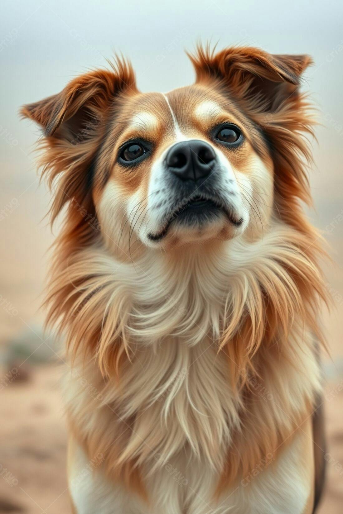 Cachorro peludo marrom e branco olhando para cima