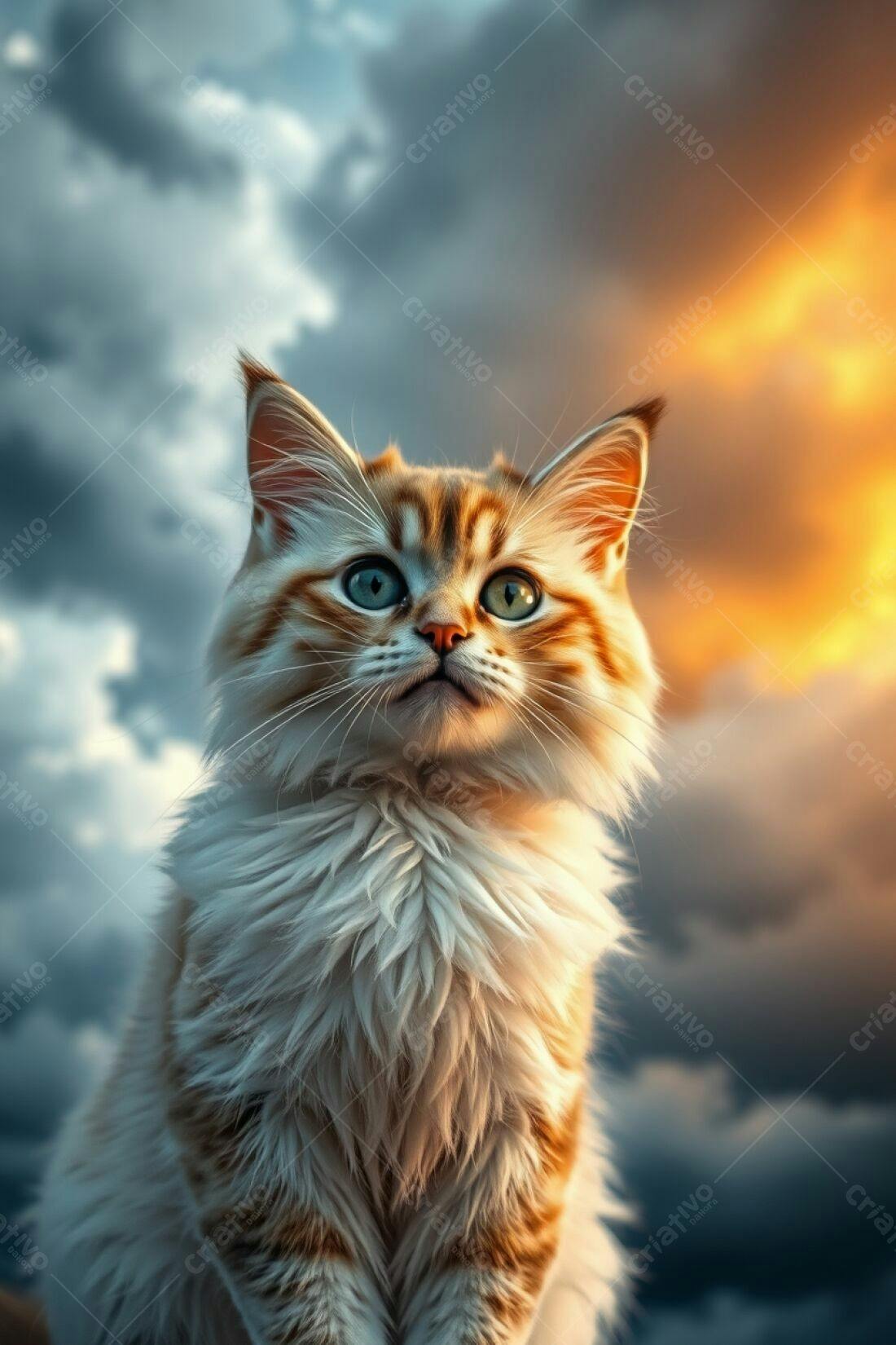 Gatinho fofo em pôr do sol dramático