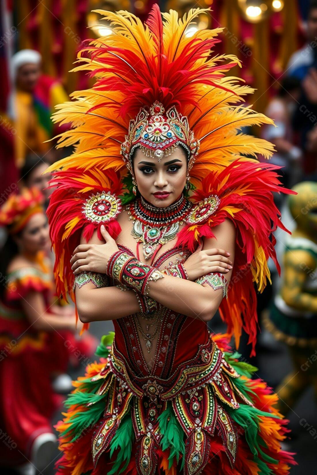 Bailarina em fantasia de Carnaval vermelho e laranja