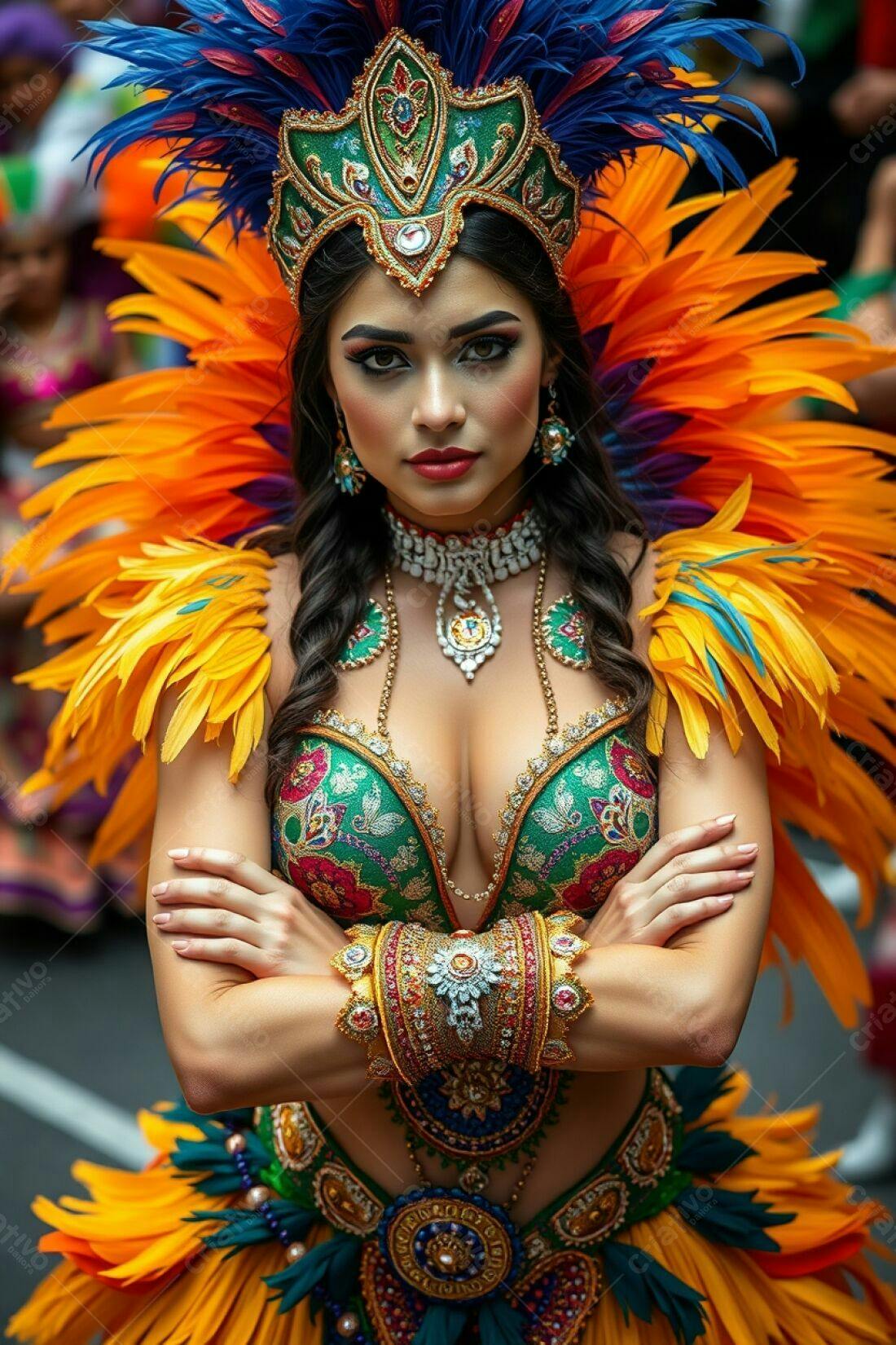 Mulher em fantasia de carnaval laranja e azul