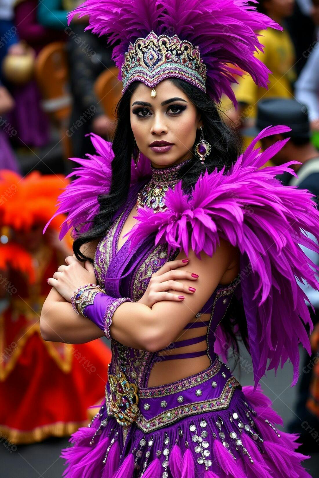 Modelo em traje roxo de carnaval