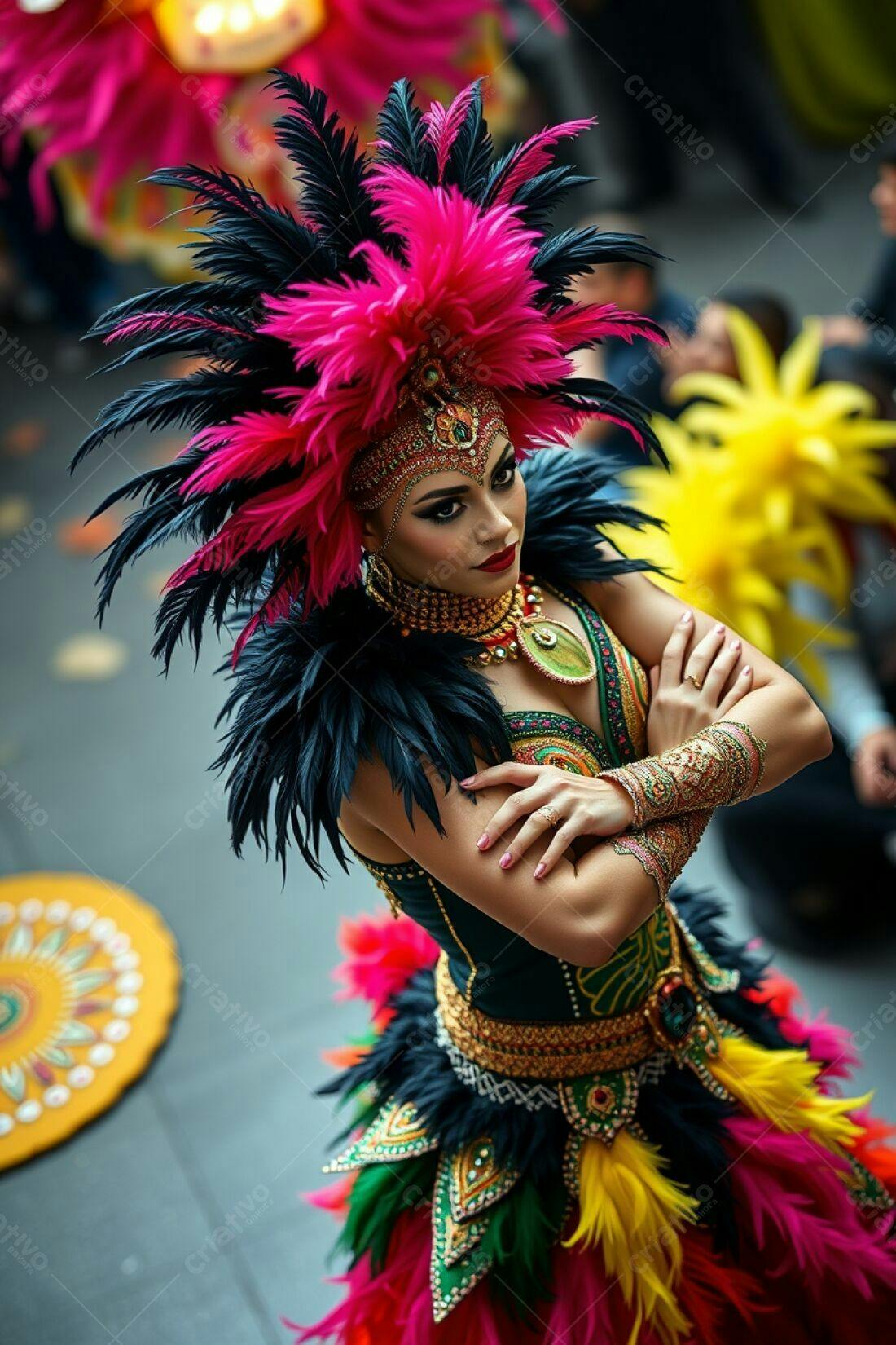Bailarina com fantasia de penas vibrantes
