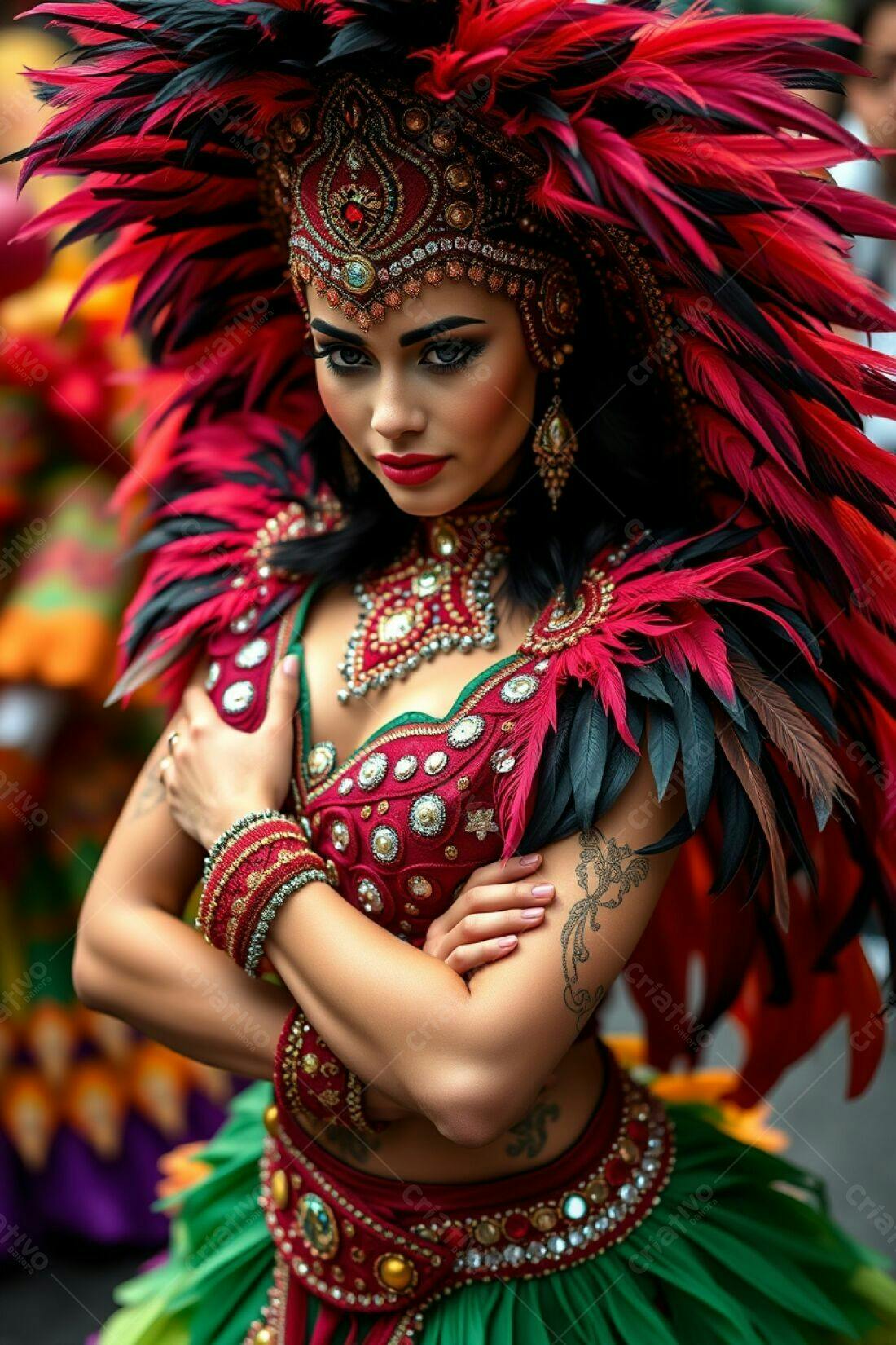 Bailarina com fantasia vermelha e penas em desfile