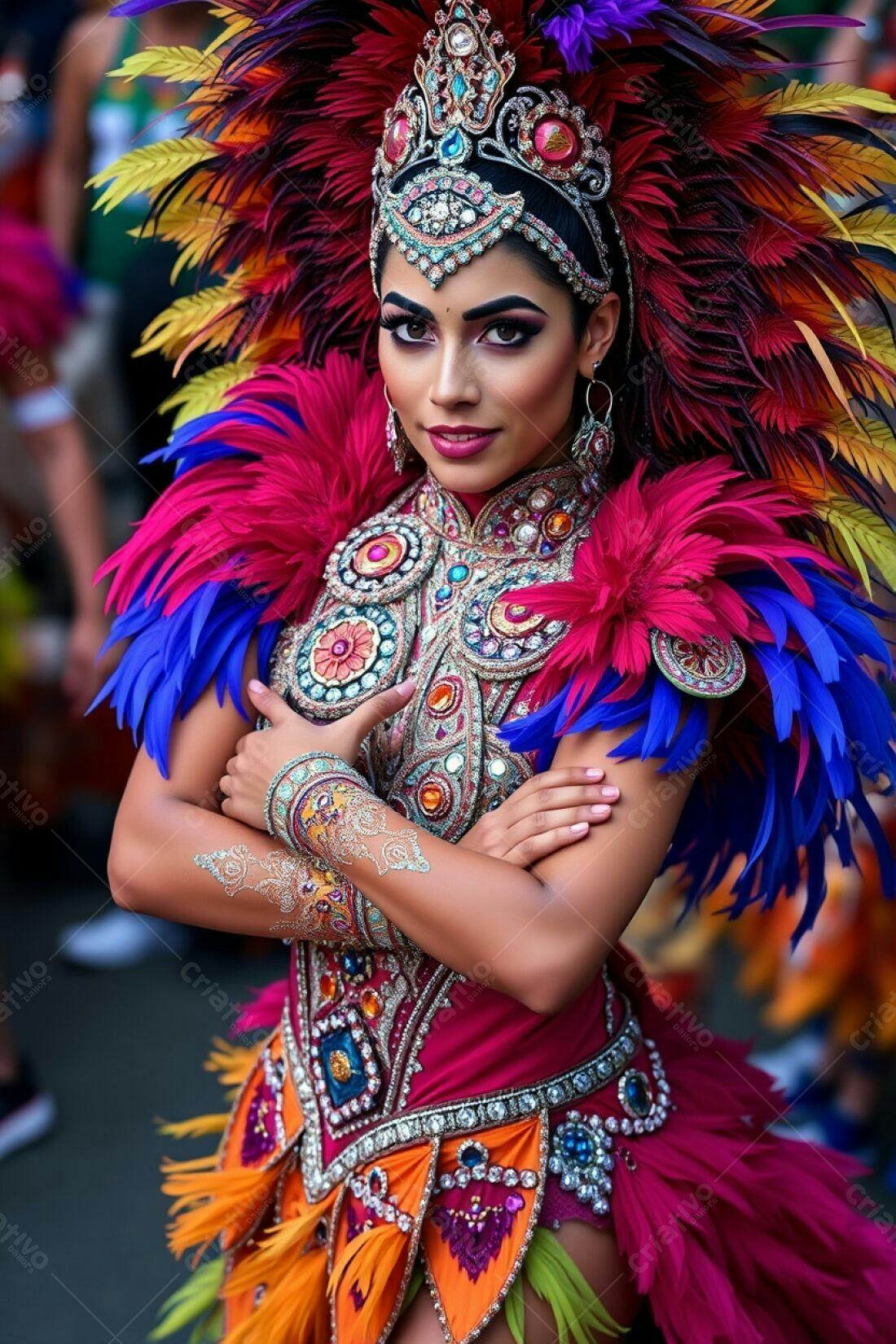 Modelo com fantasia vibrante em desfile de carnaval
