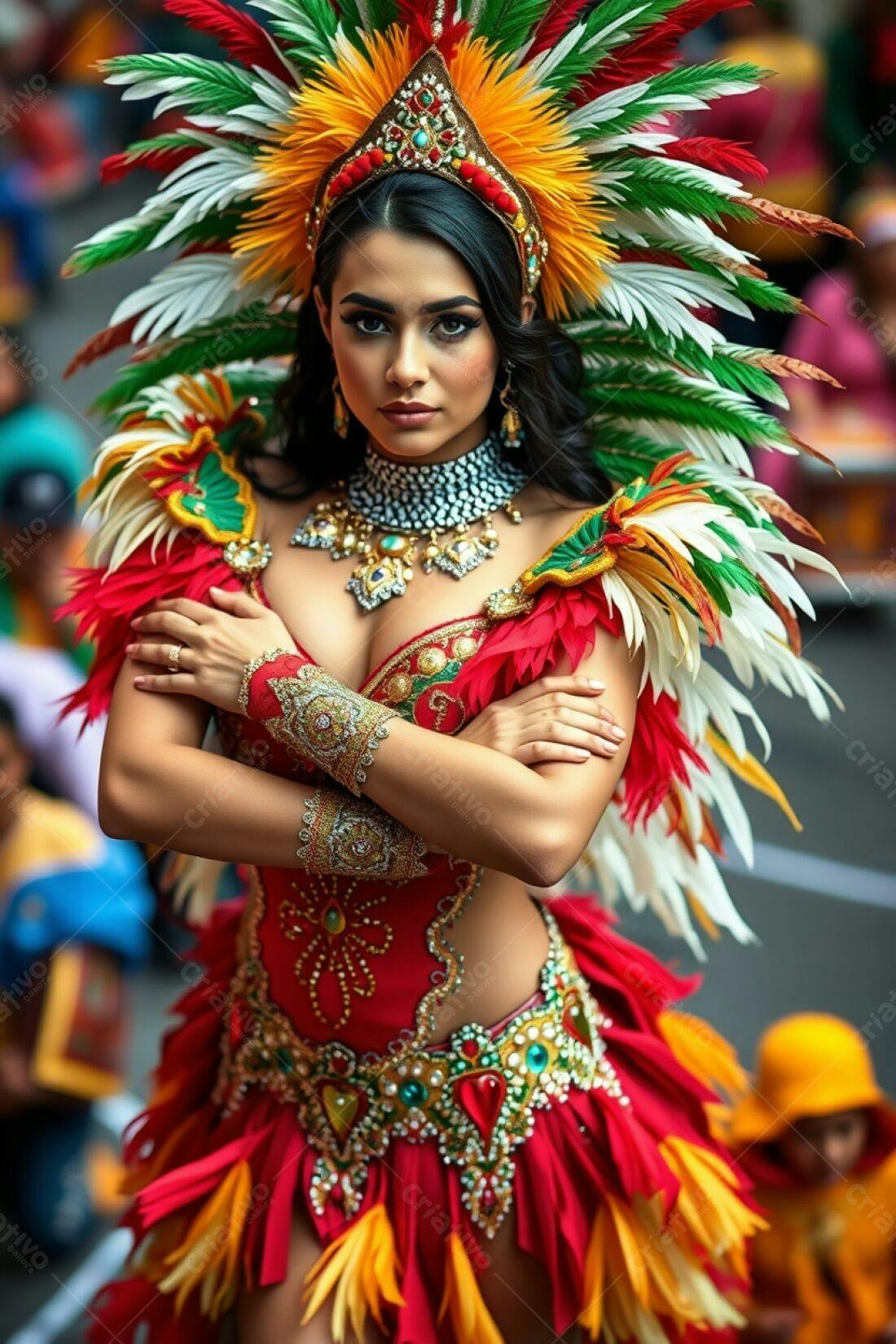 Modelo com fantasia de penas coloridas em desfile