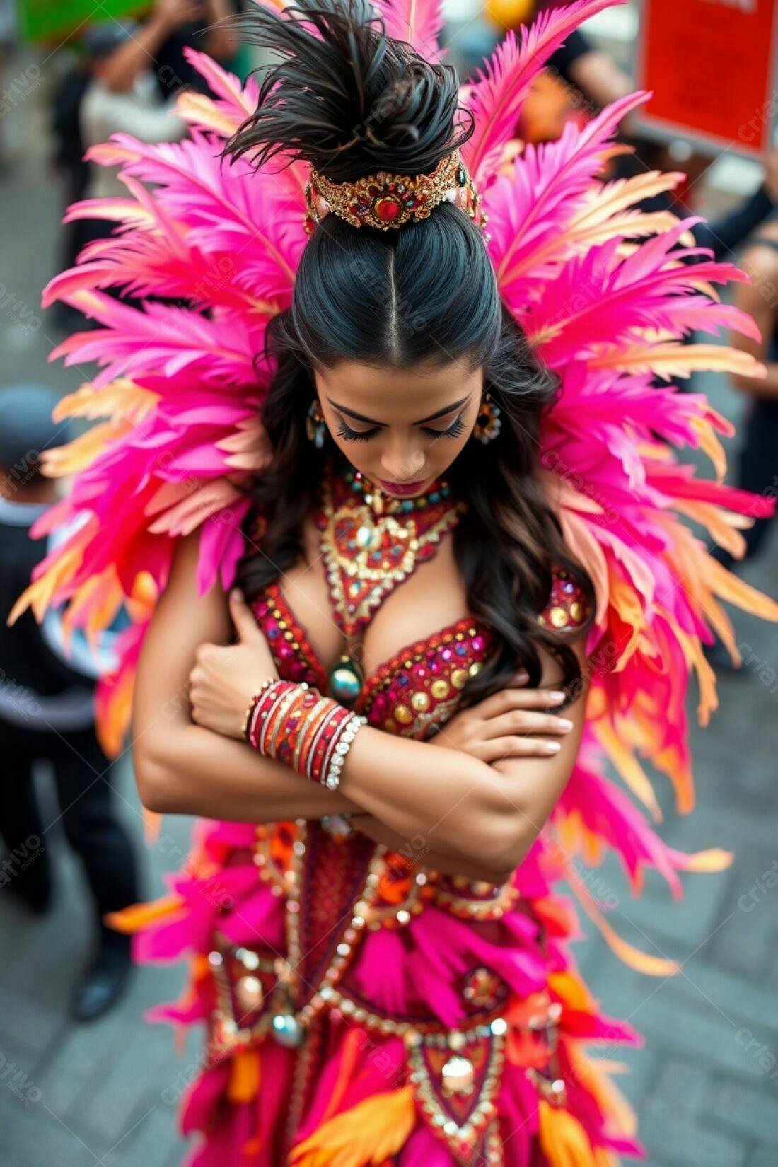 Modelo com fantasia rosa e laranja em desfile