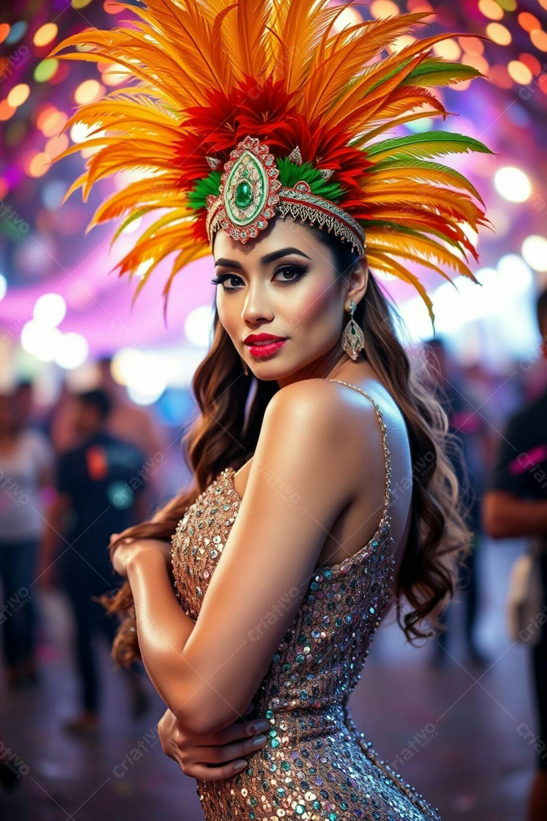 Modelo com fantasia de penas colorida em evento noturno