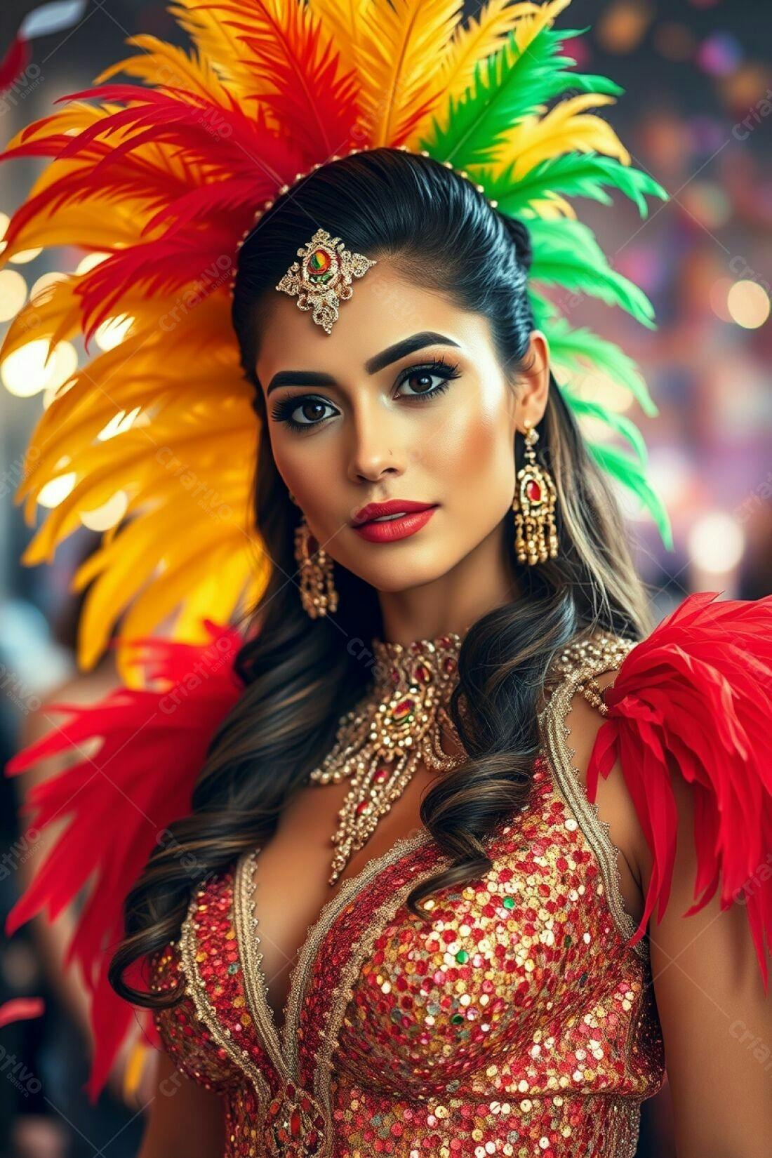 Modelo com fantasia de Carnaval vermelha e dourada