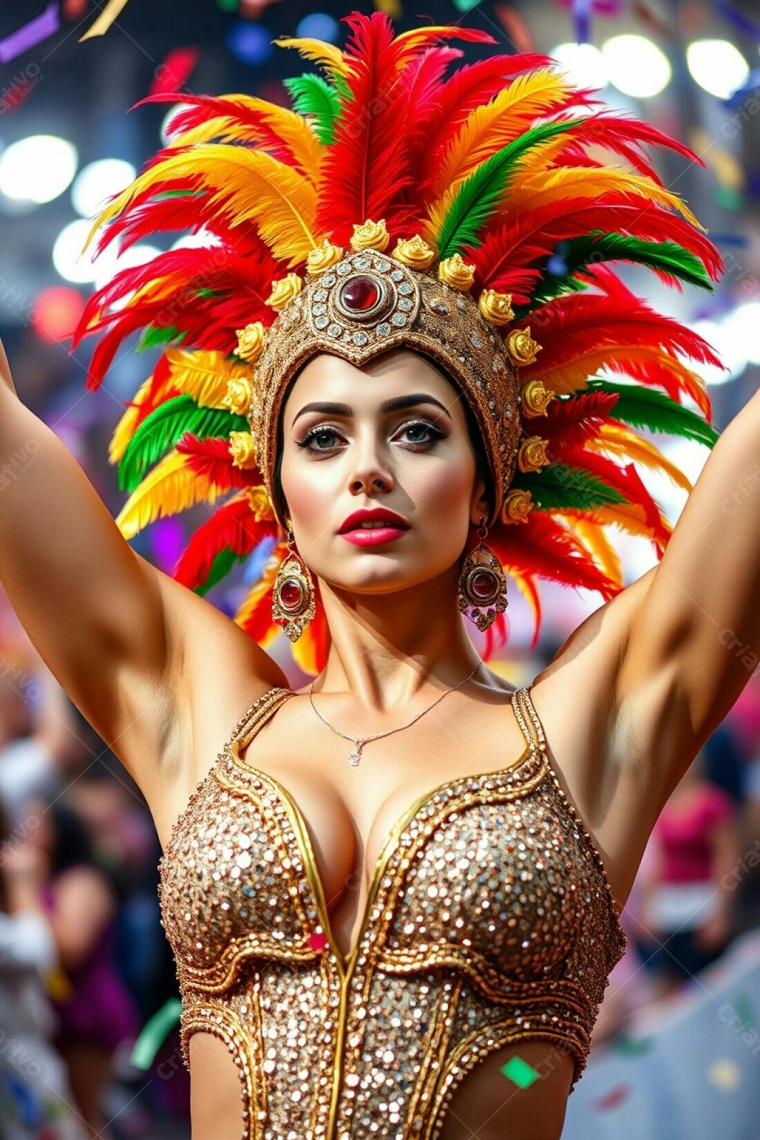 Bailarina de Carnaval com fantasia dourada e penas