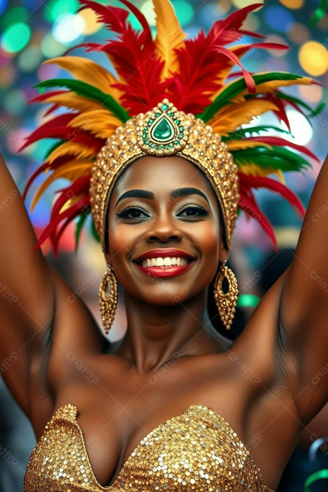Mulher negra radiante em fantasia de carnaval