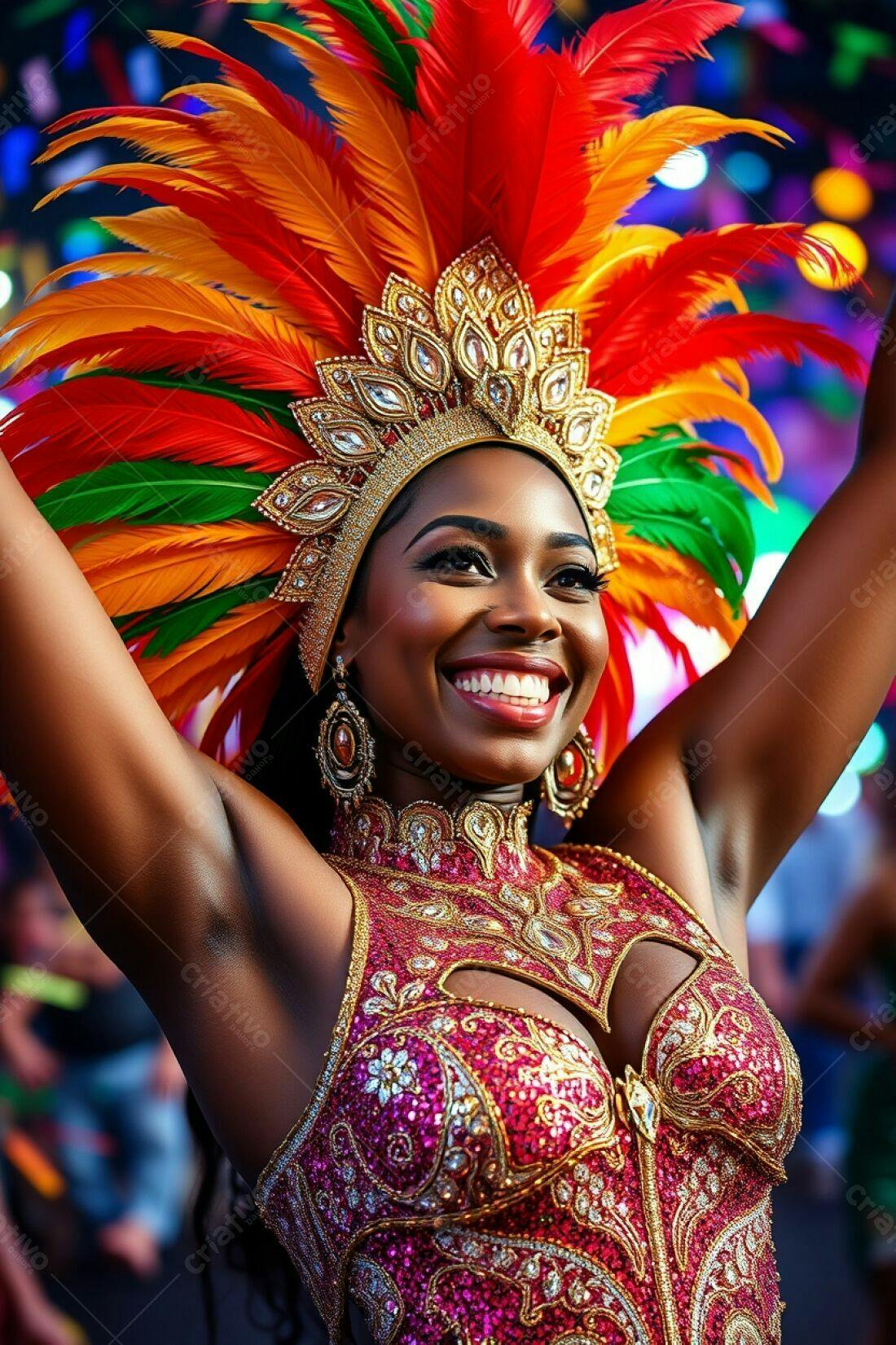Bailarina negra com fantasia de penas vibrantes