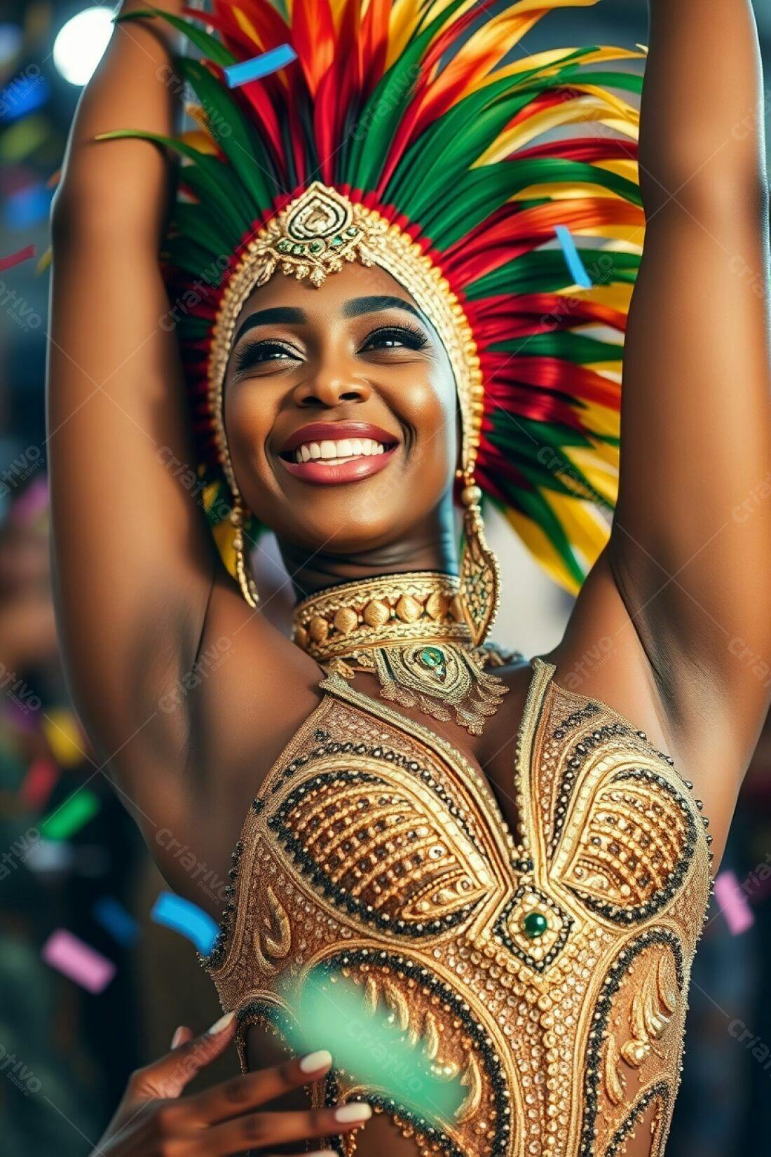 Bailarina negra em fantasia dourada Carnaval