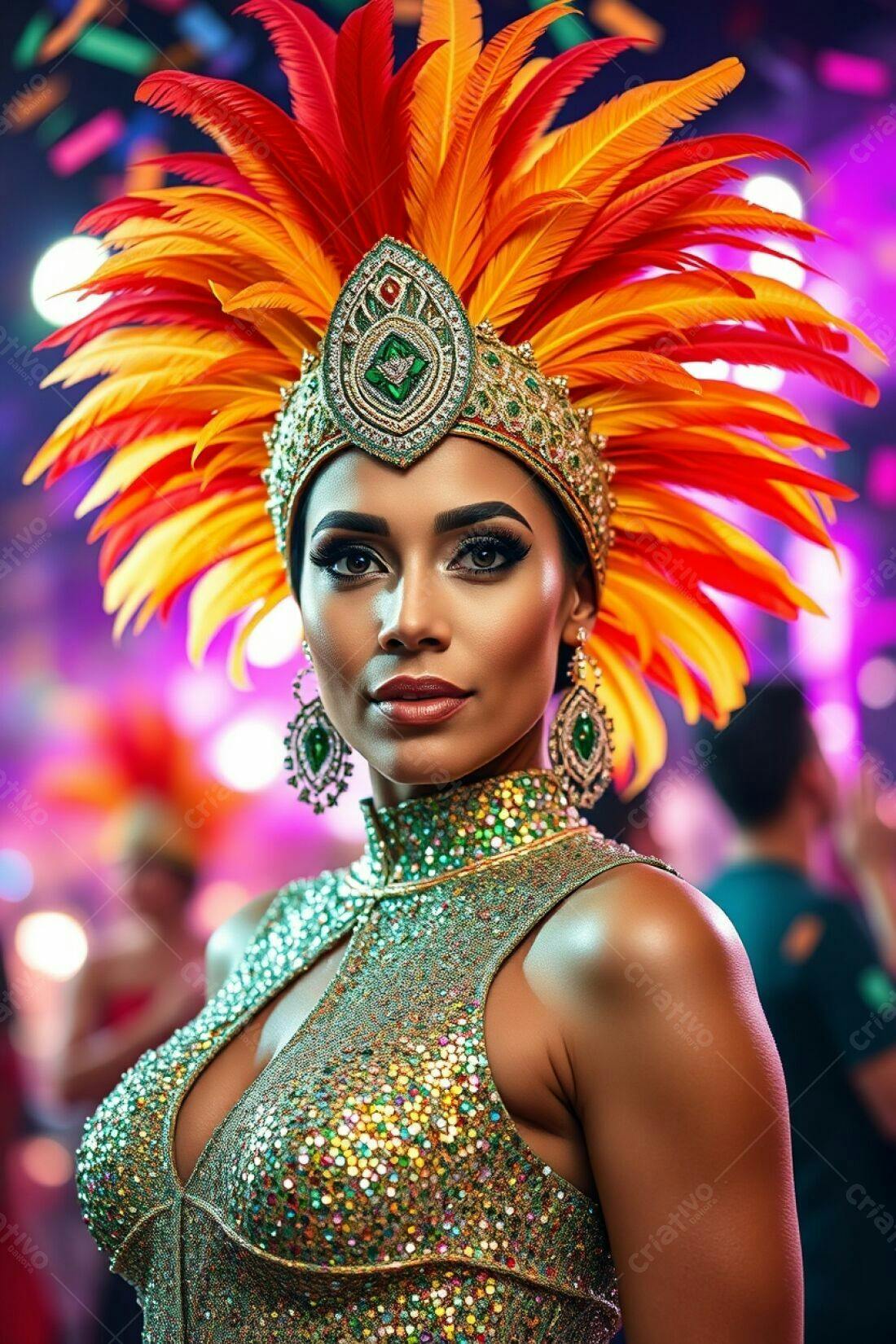 Rainha de Carnaval com Penas Laranja e Vermelho
