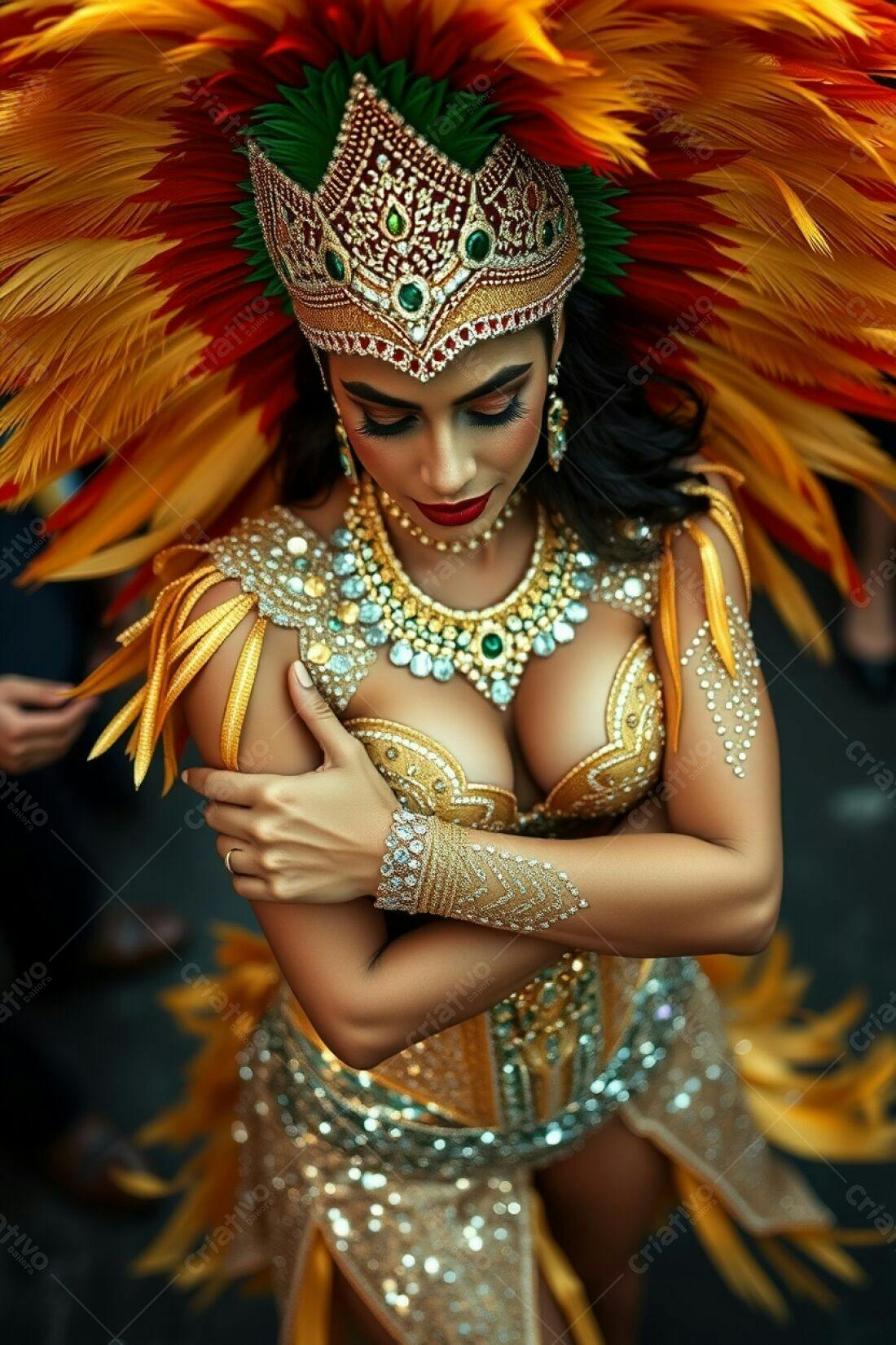 Bailarina com fantasia dourada em Carnaval