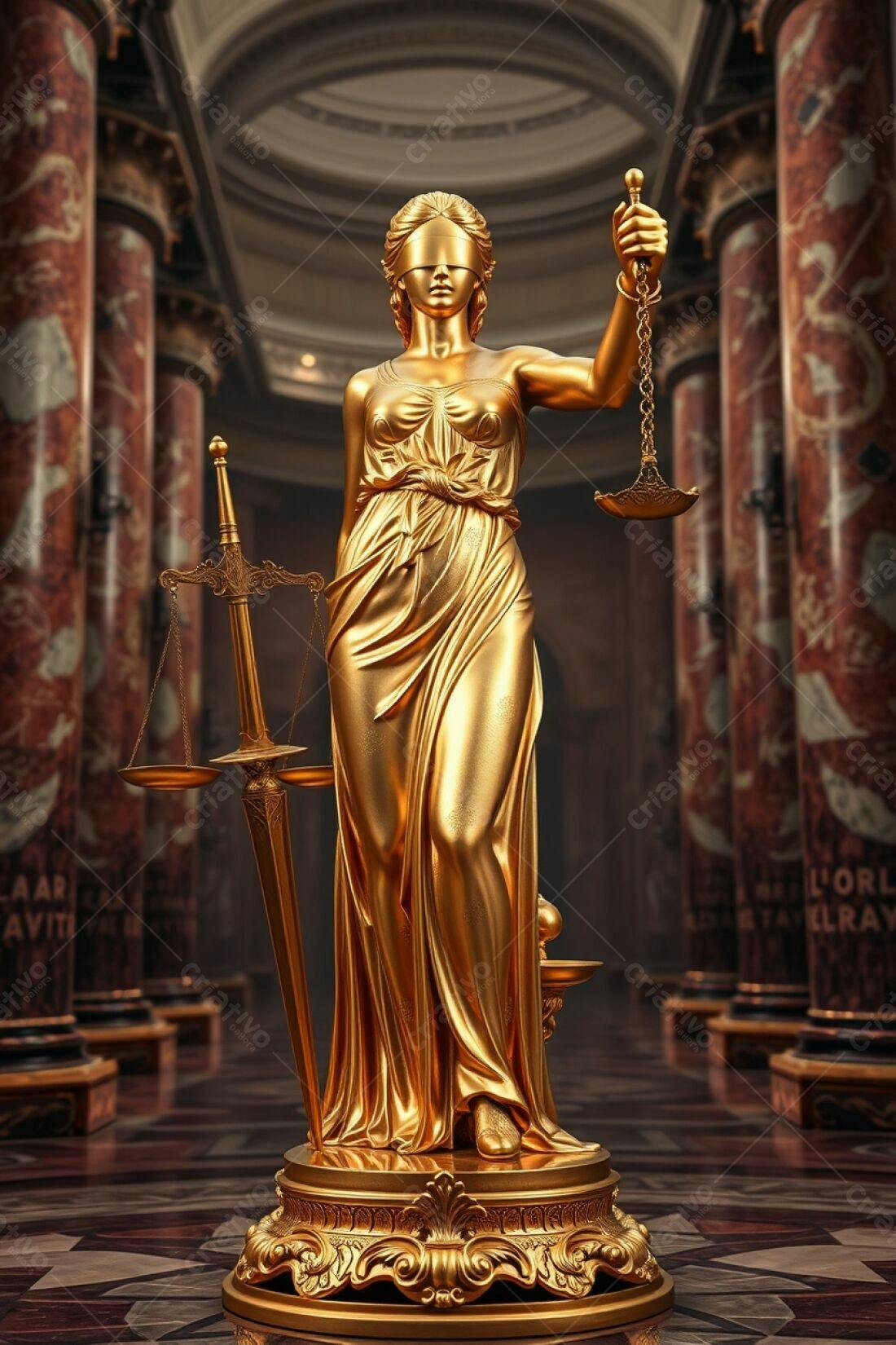 Estátua dourada da Justiça em tribunal