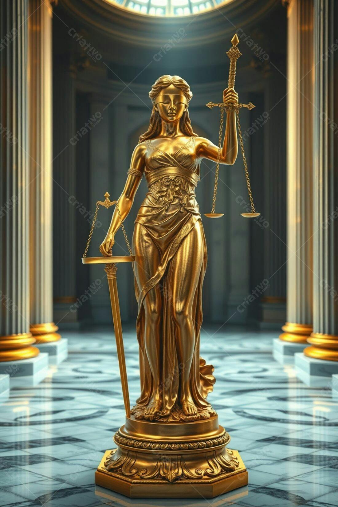 Estátua dourada de Lady Justiça em tribunal