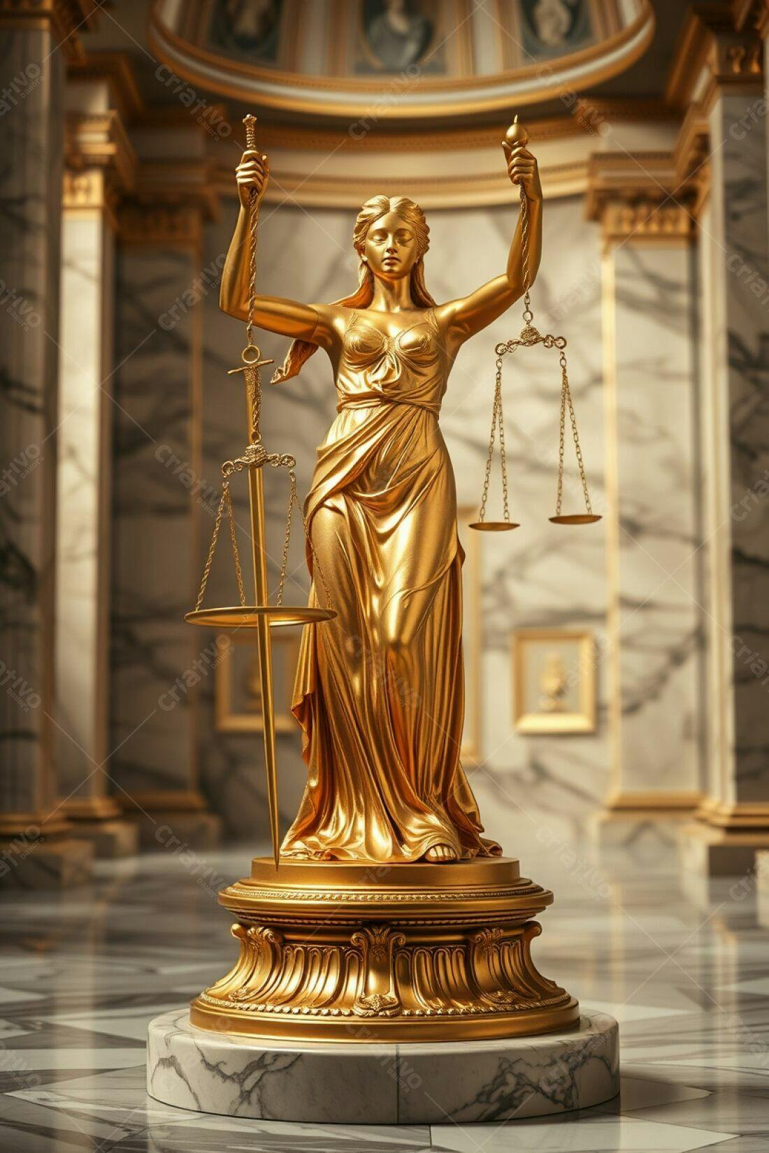Estátua dourada da Justiça em tribunal