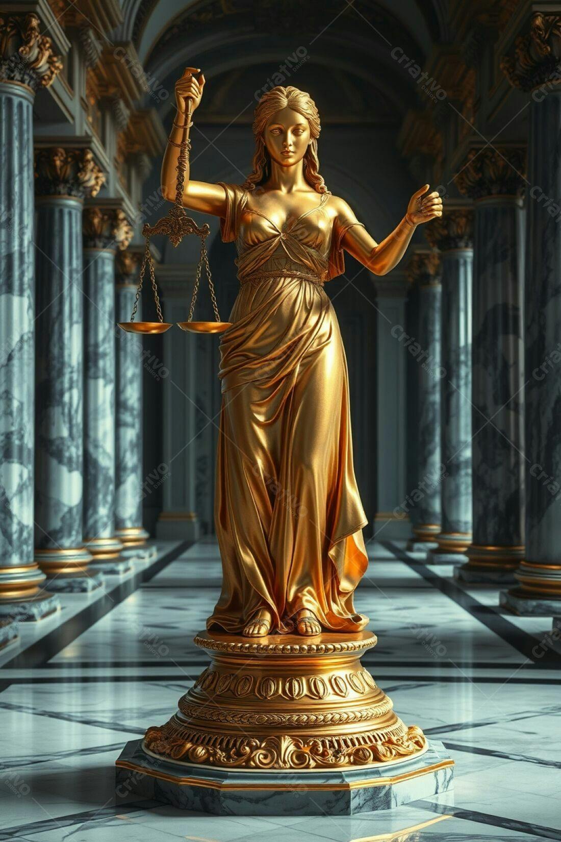 Estátua dourada da Justiça em tribunal clássico
