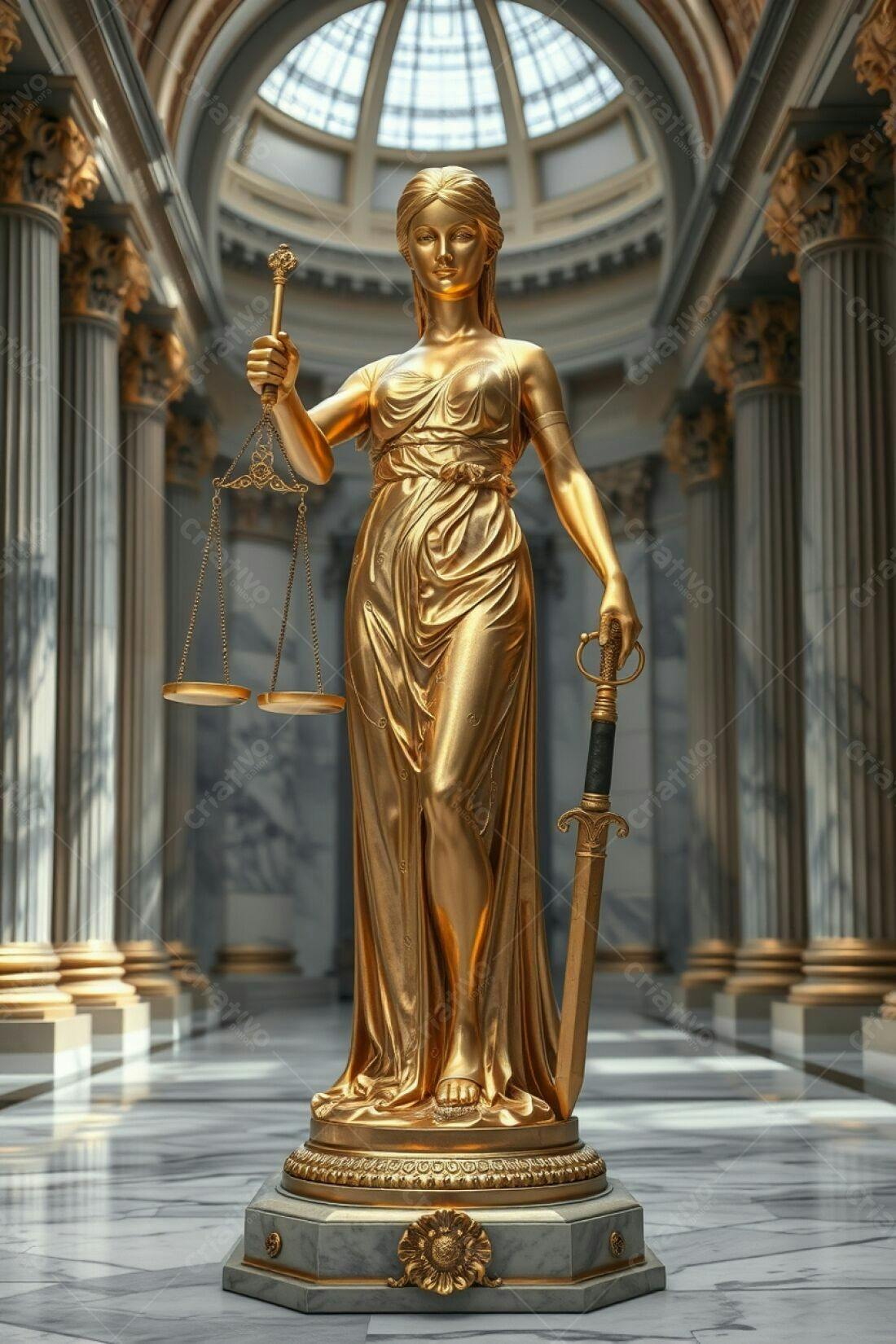 Estátua dourada da Justiça em tribunal