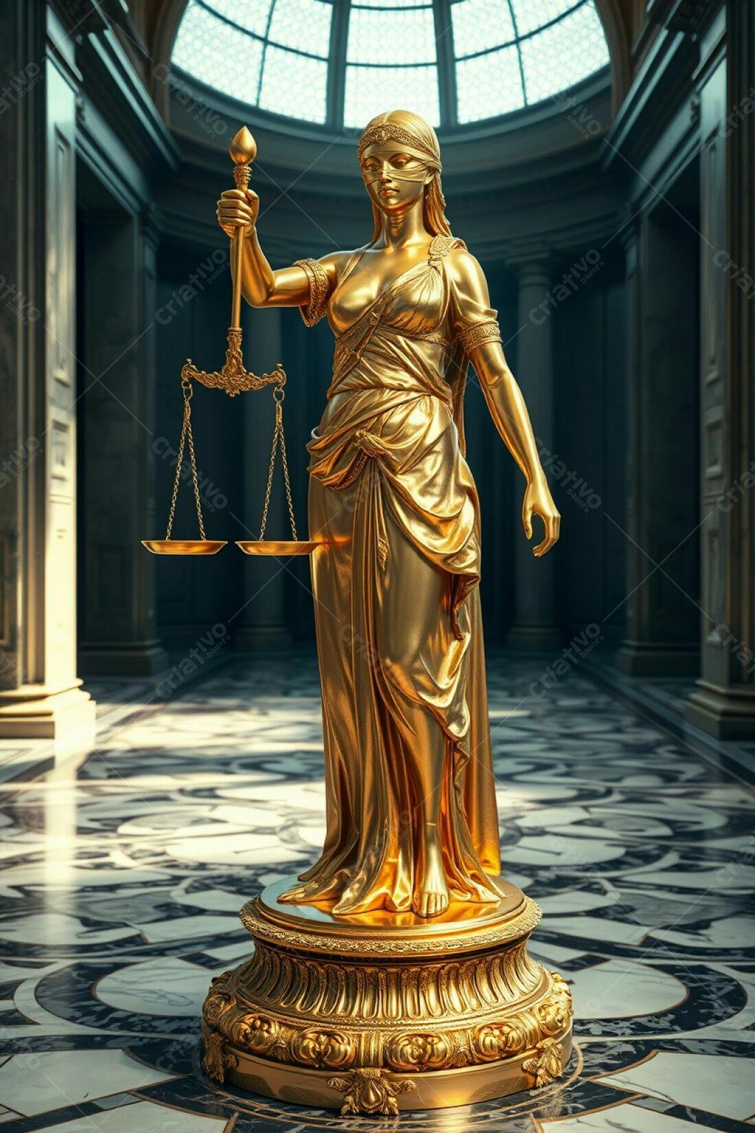 Estátua dourada da Justiça em tribunal