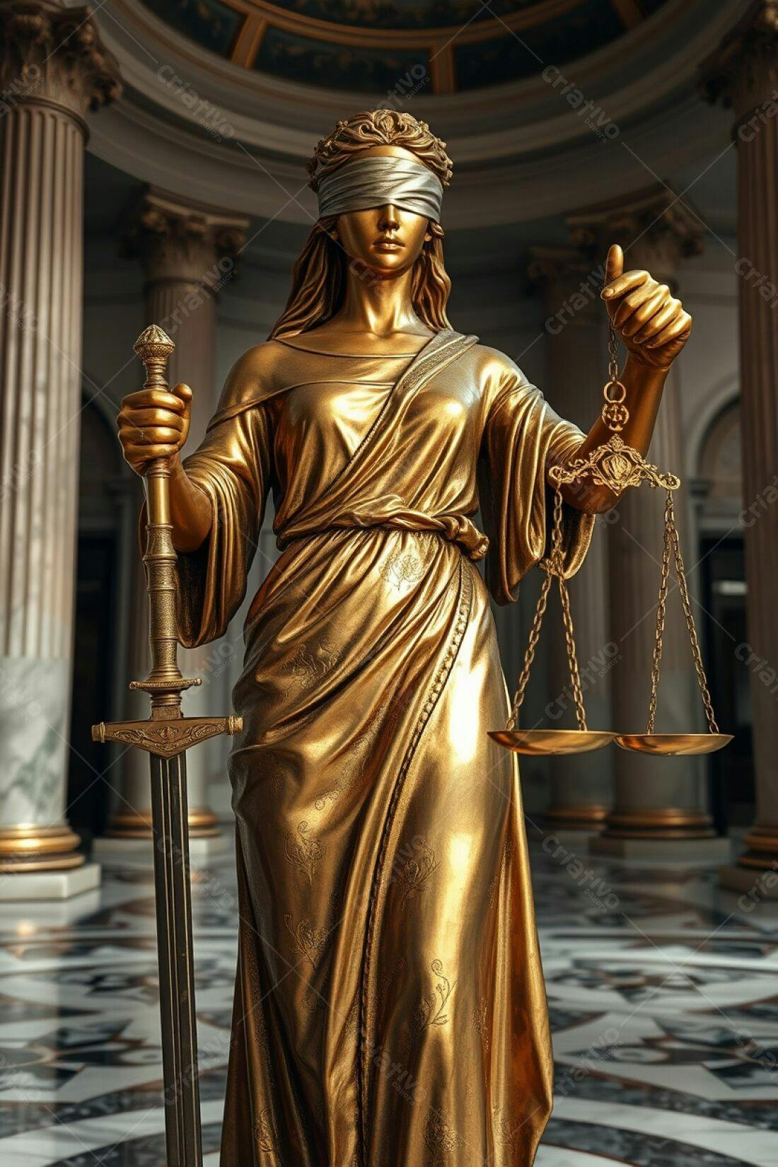 Estátua dourada da Justiça em tribunal