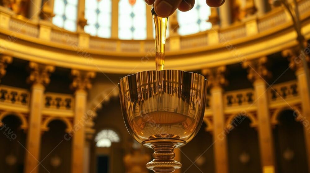 A Photograph Depicting A Golden Chalice With Consecrated Oil Being Poured, Architectural Style, Sharp Lines, Detailed Structures, Wide Angle, Rich Gold And Deep Amber Tones