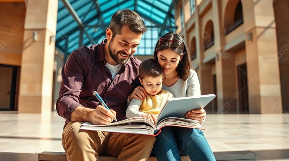 A Wide Angle, Precisely Detailed Architectural Color Photograph Depicting A Family—Father, Mother, And Child—Seated, Writing Their Projects In A Notebook, Sharp Lines And Structures Emphasized