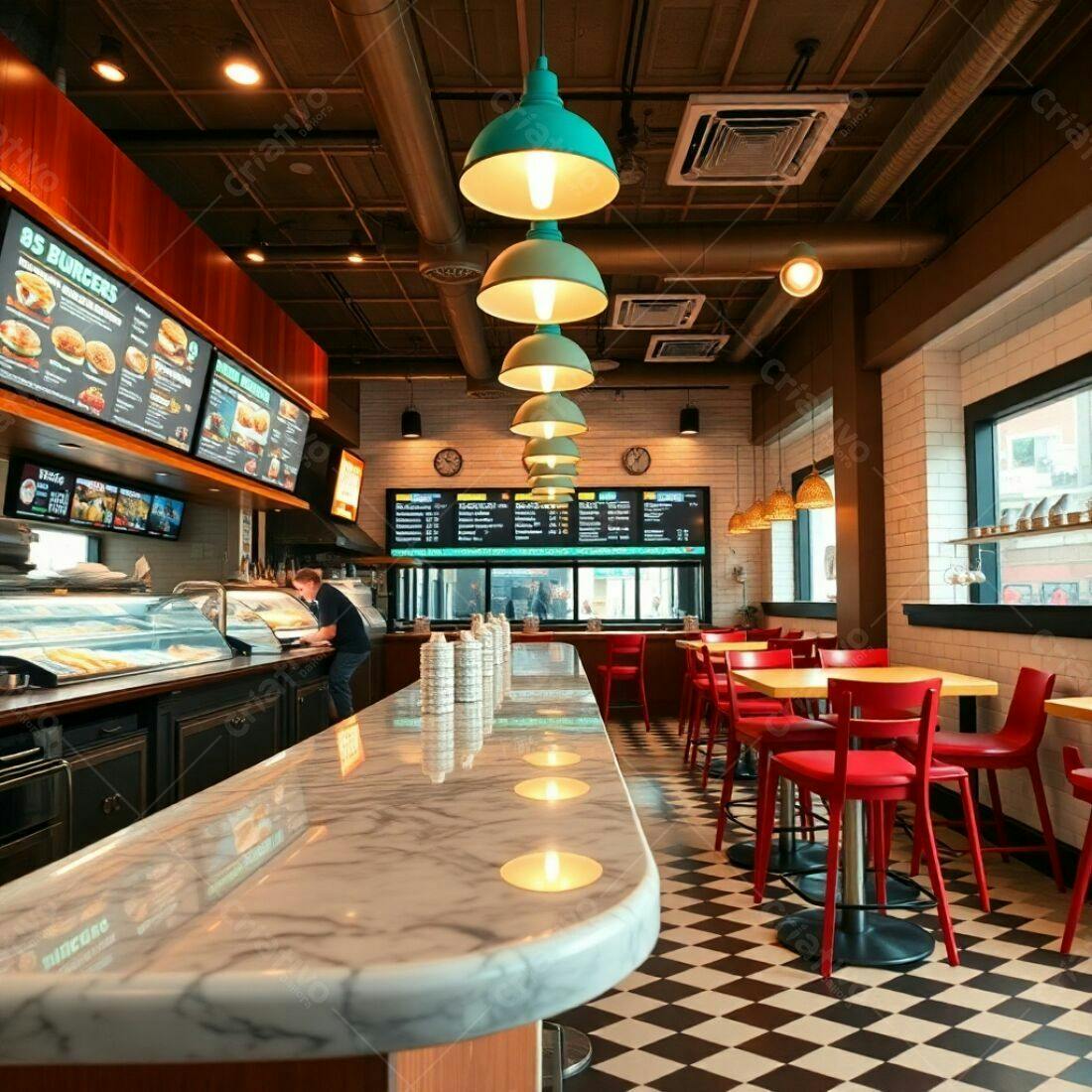 Restaurante moderno com balcão de mármore e cadeiras vermelhas
