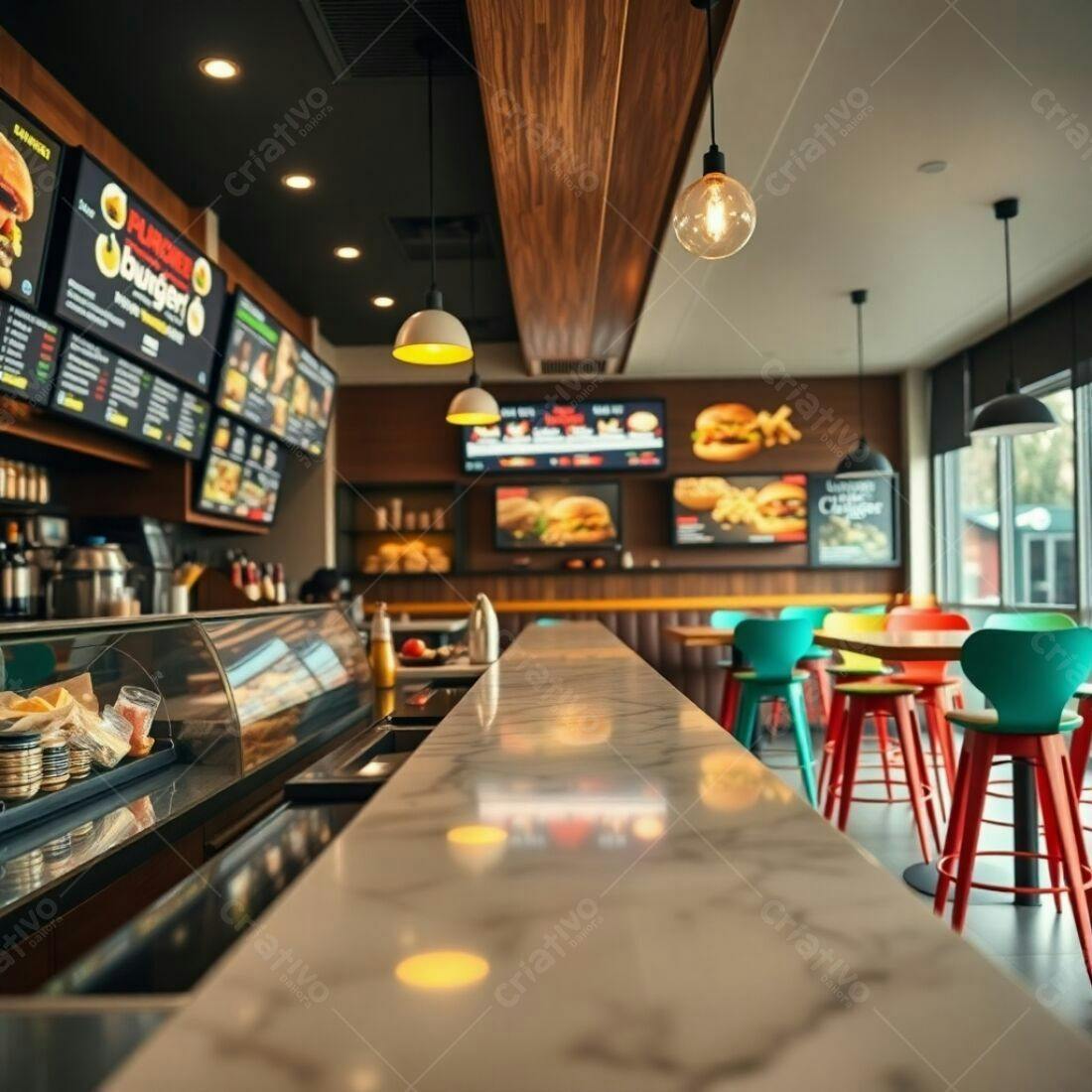 Balcão de restaurante moderno com iluminação aconchegante