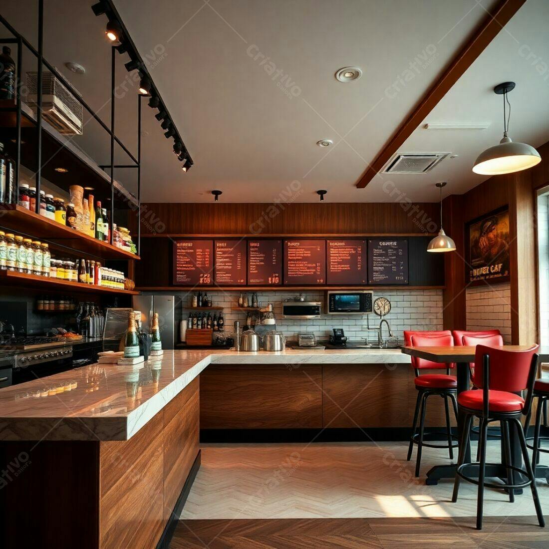 Cafeteria moderna com balcão de madeira e banquetas vermelhas