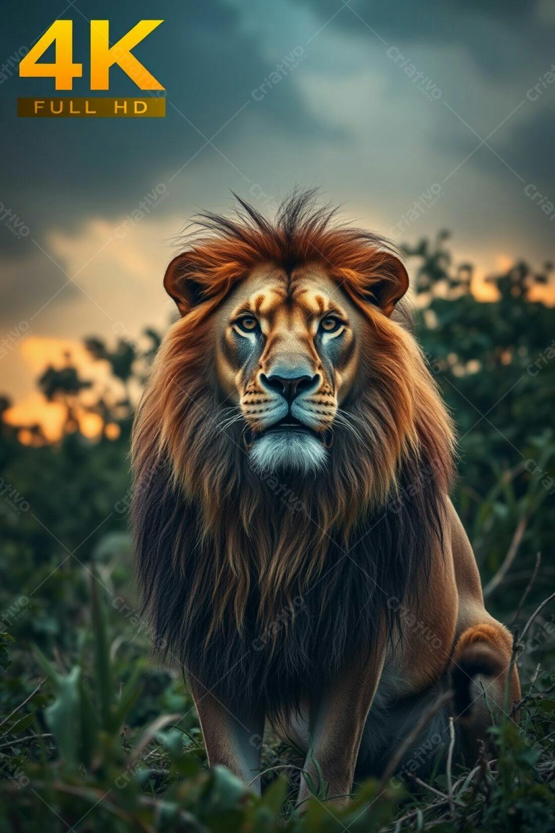 Leão majestoso em savana ao entardecer