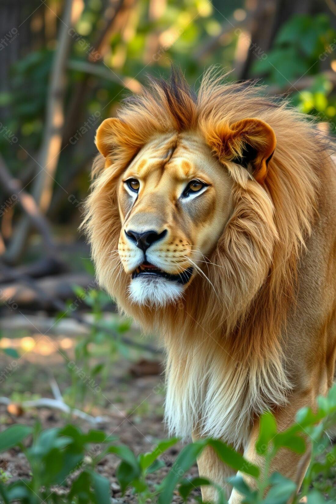Leão africano dourado em floresta