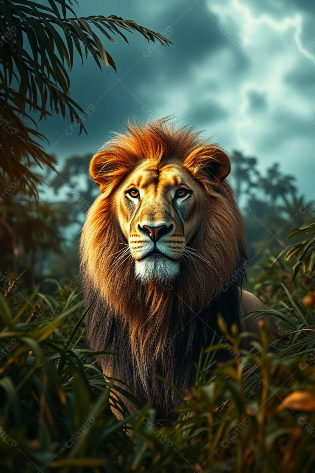 Leão majestoso na selva ao entardecer