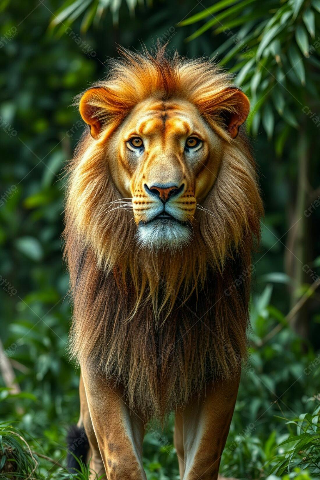 Leão majestoso em floresta tropical