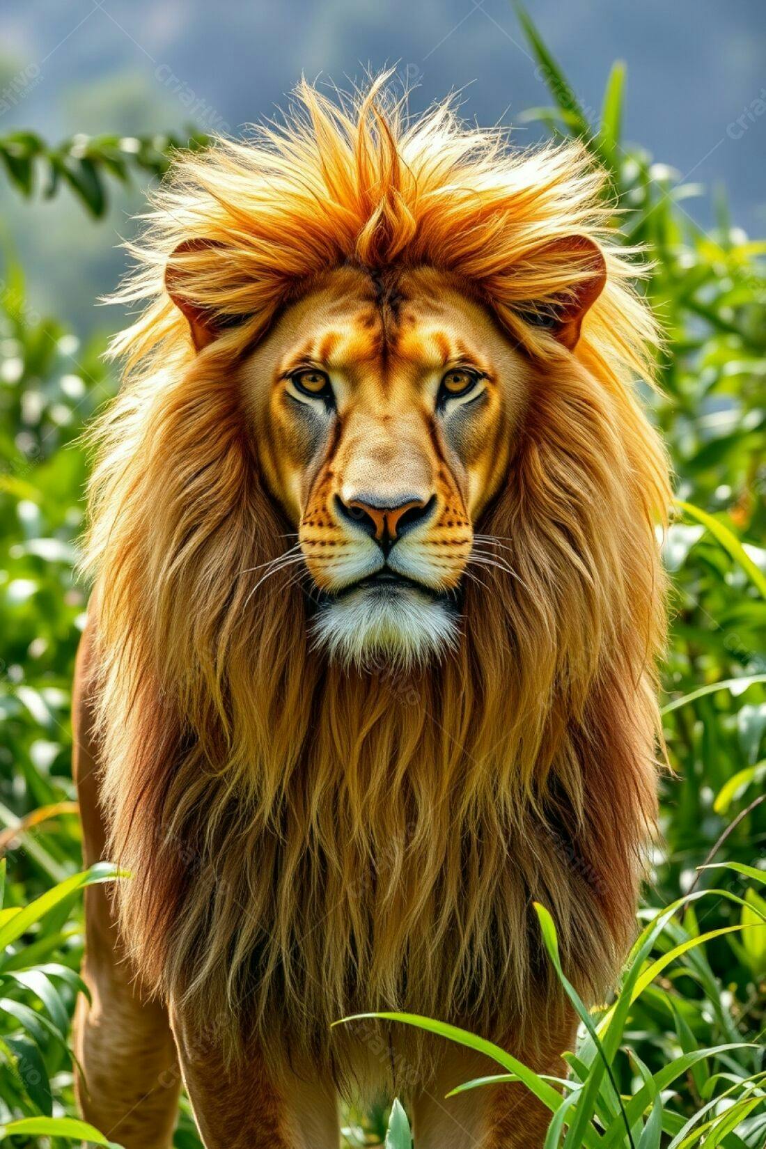 Leão majestoso na selva exuberante