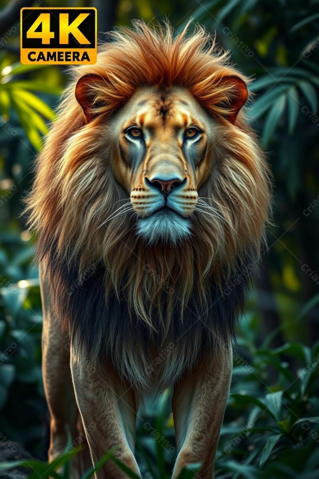 Leão majestoso na floresta exuberante