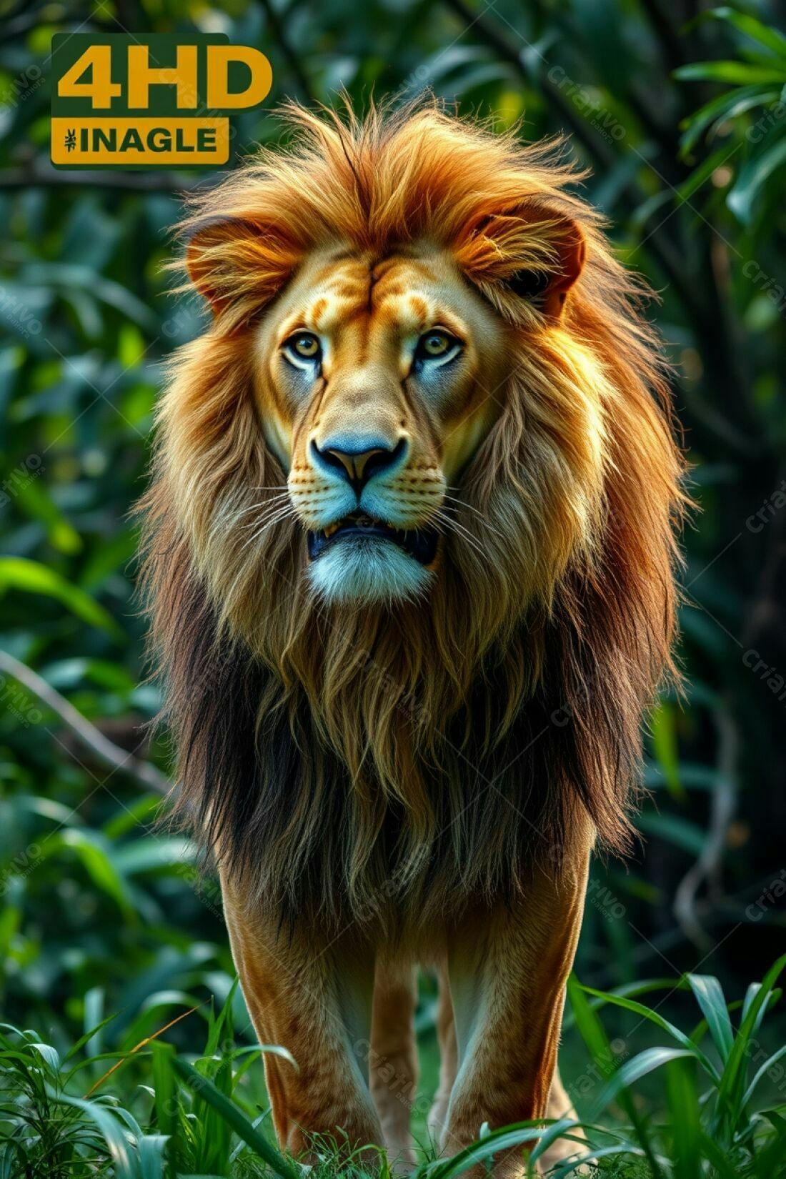 Leão majestoso na selva exuberante