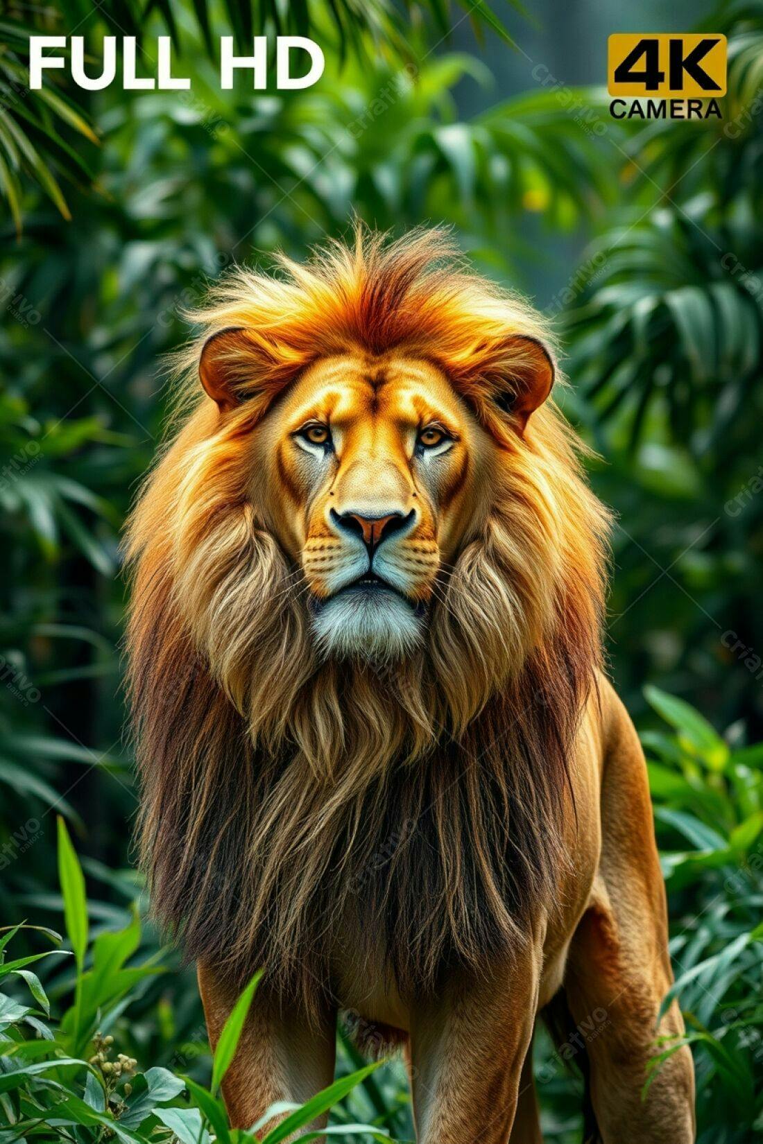Leão majestoso na selva exuberante