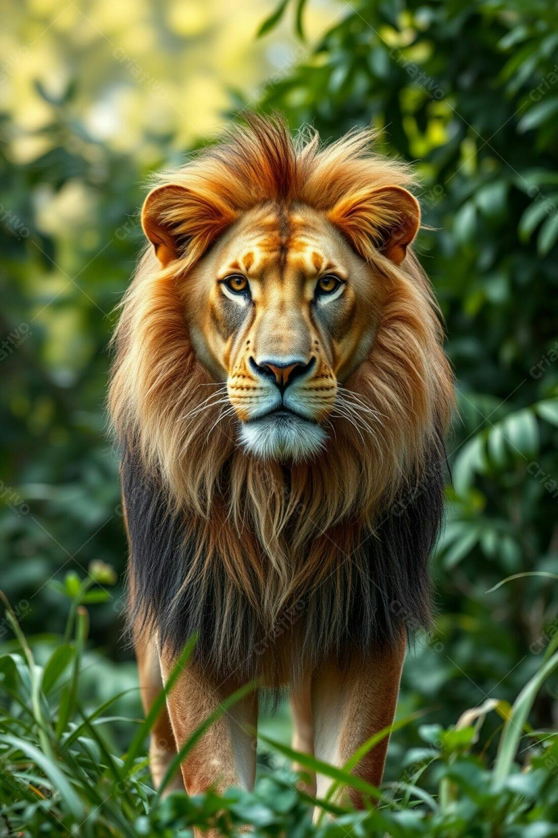 Leão majestoso na selva exuberante