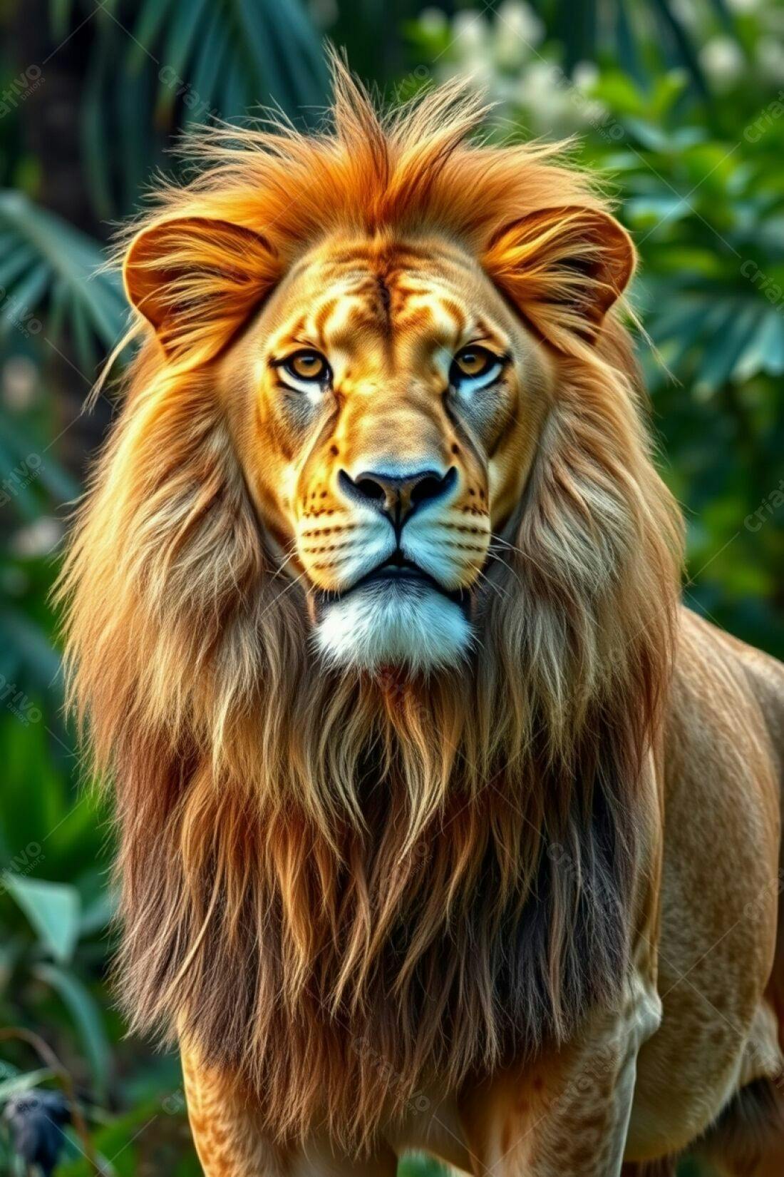 Leão majestoso com juba dourada em floresta
