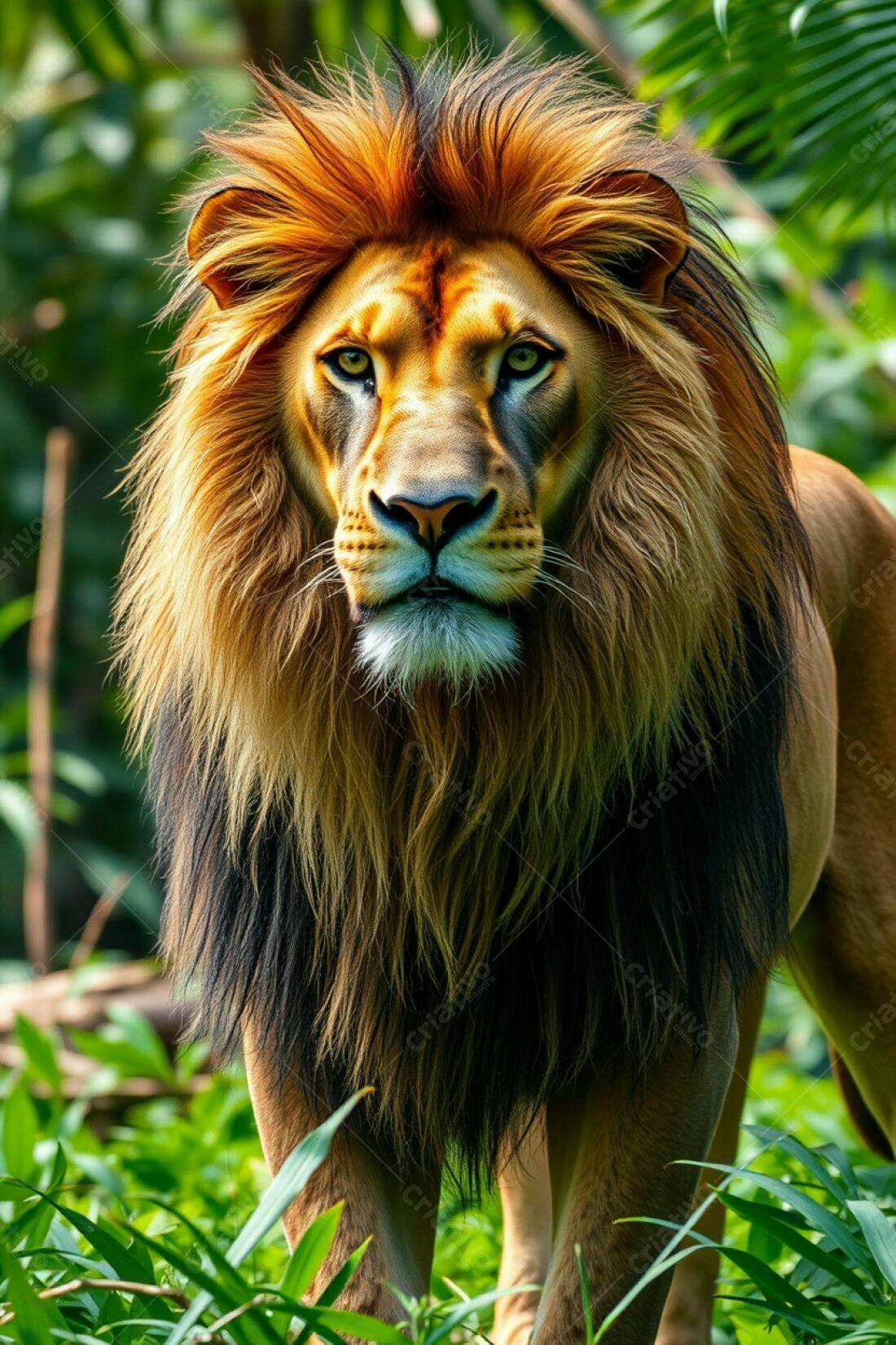 Leão majestoso em floresta exuberante