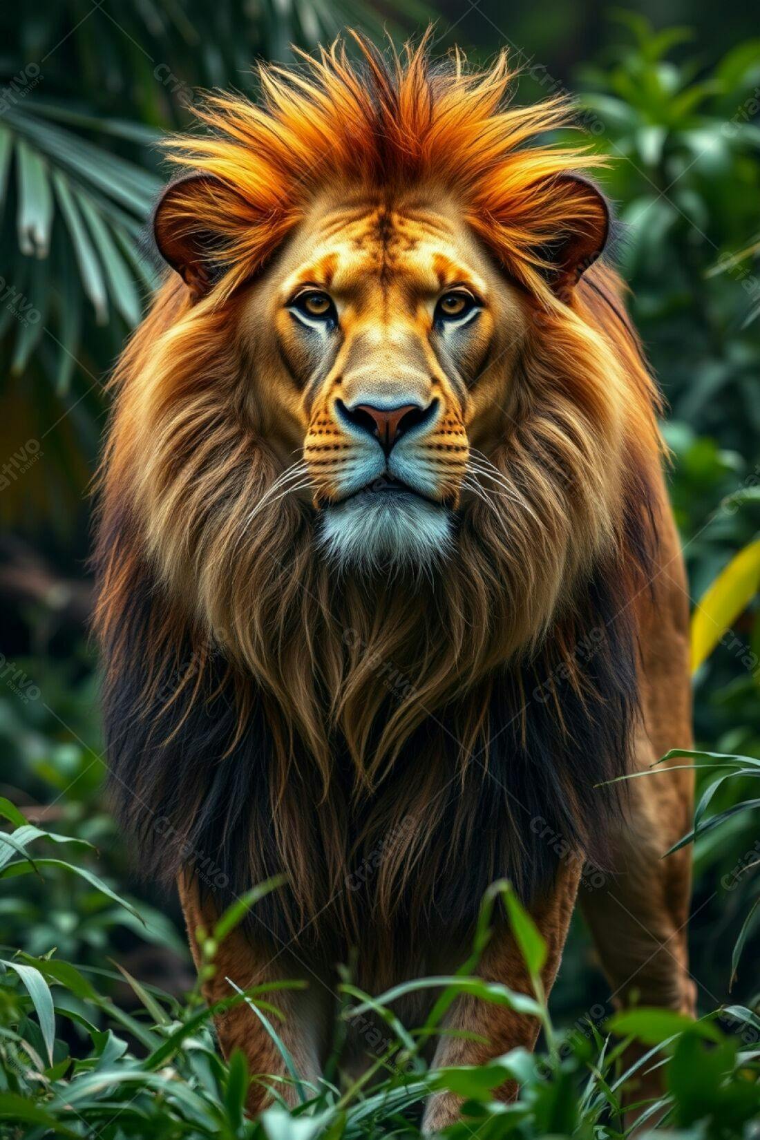 Leão majestoso em floresta exuberante