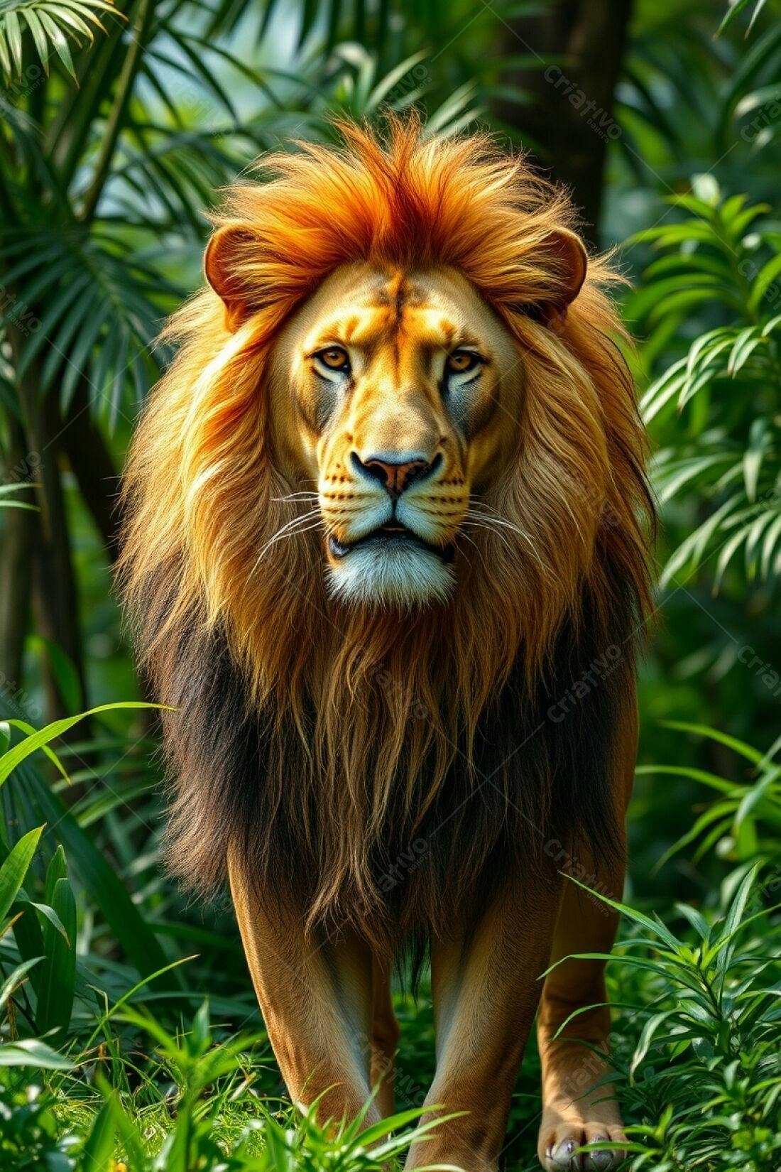 Leão majestoso em floresta tropical