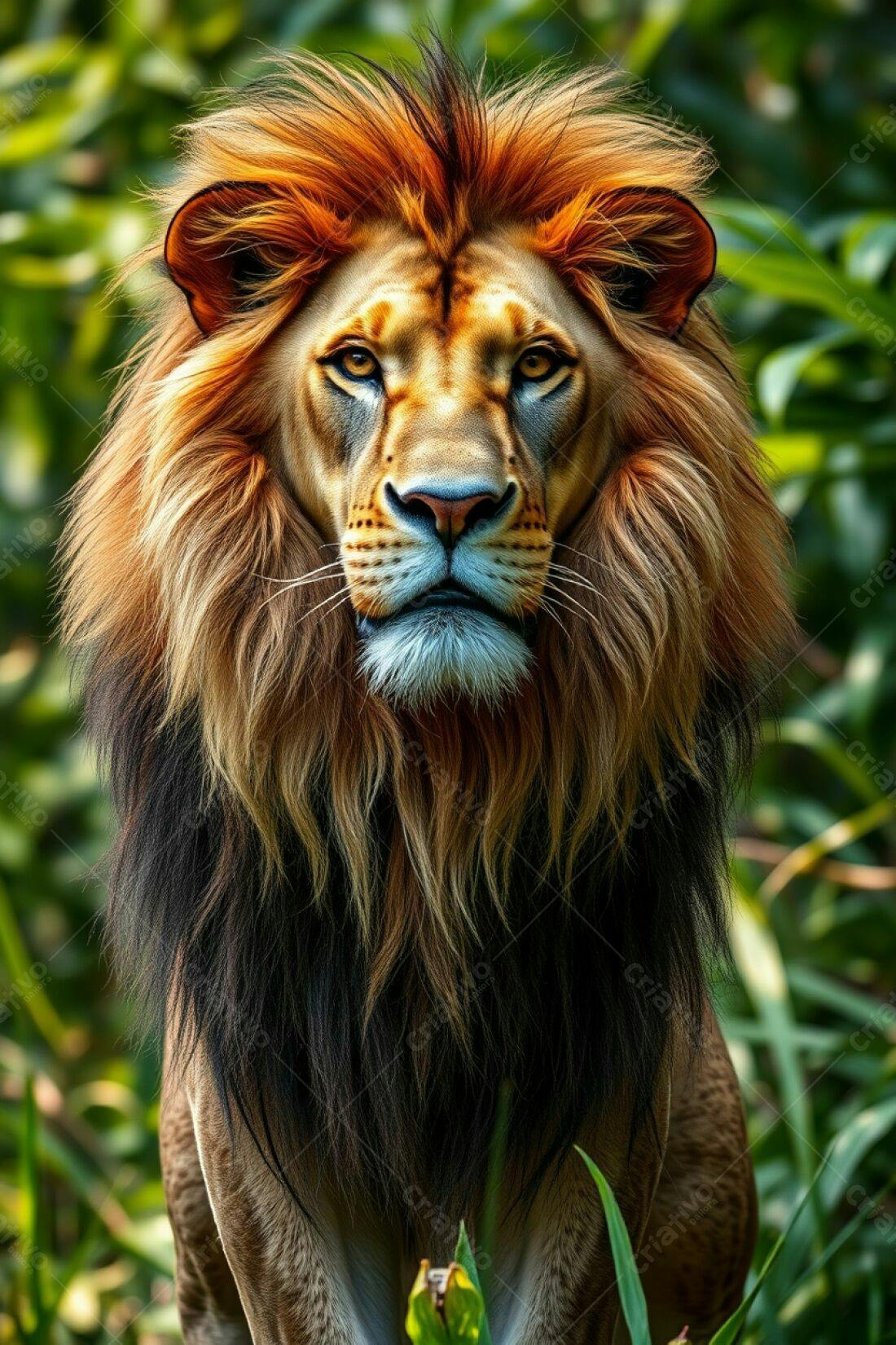 Leão majestoso na selva exuberante