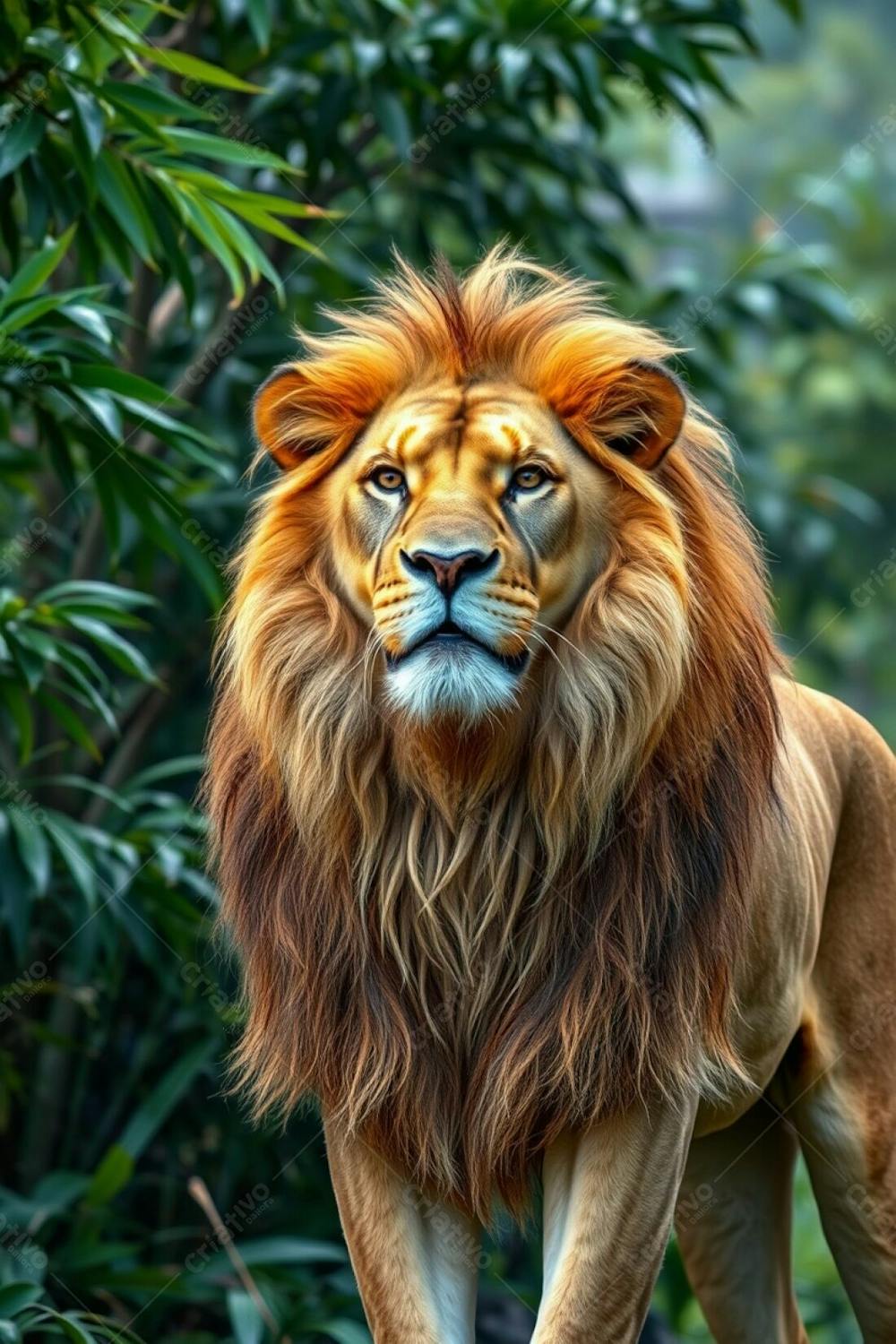 Leão majestoso em floresta exuberante | Fotos IA Premium [download]